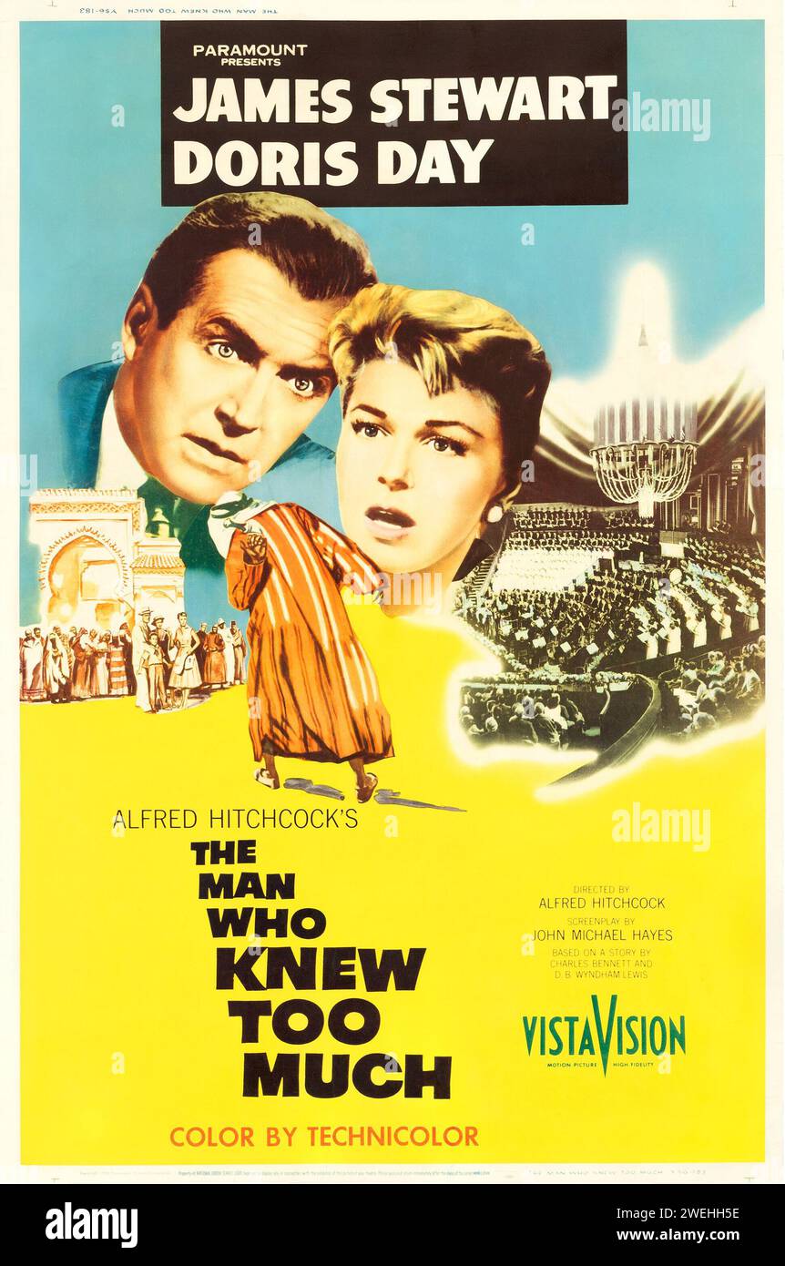 Vintage film poster - The Man Who Knew Too Much (Paramount, 1956) James Stewart & Doris Day - Directed by Alfred Hitchcock Stock Photo