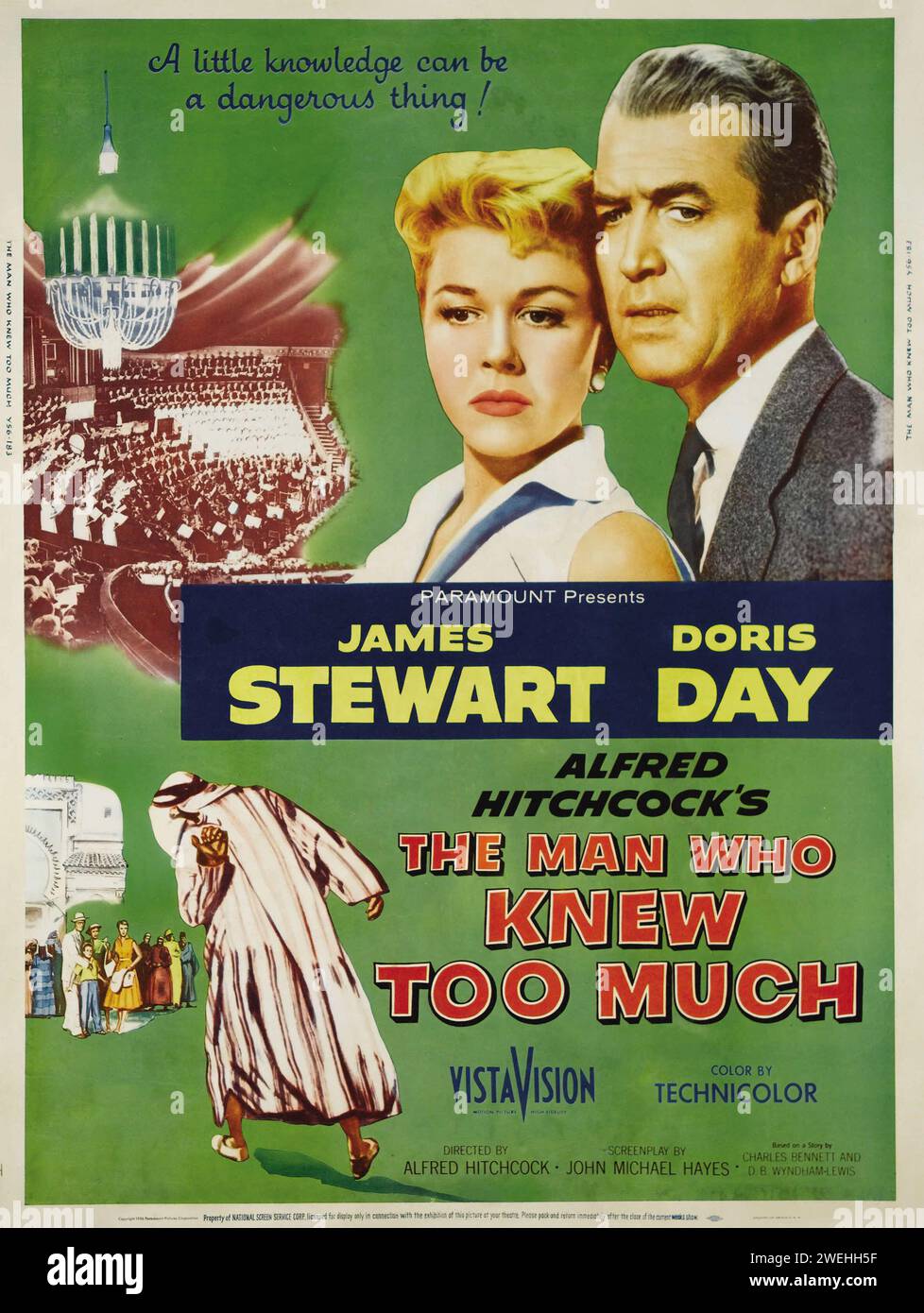 Vintage film poster - The Man Who Knew Too Much (Paramount, 1956) James Stewart and Doris Day - Directed by Alfred Hitchcock Stock Photo