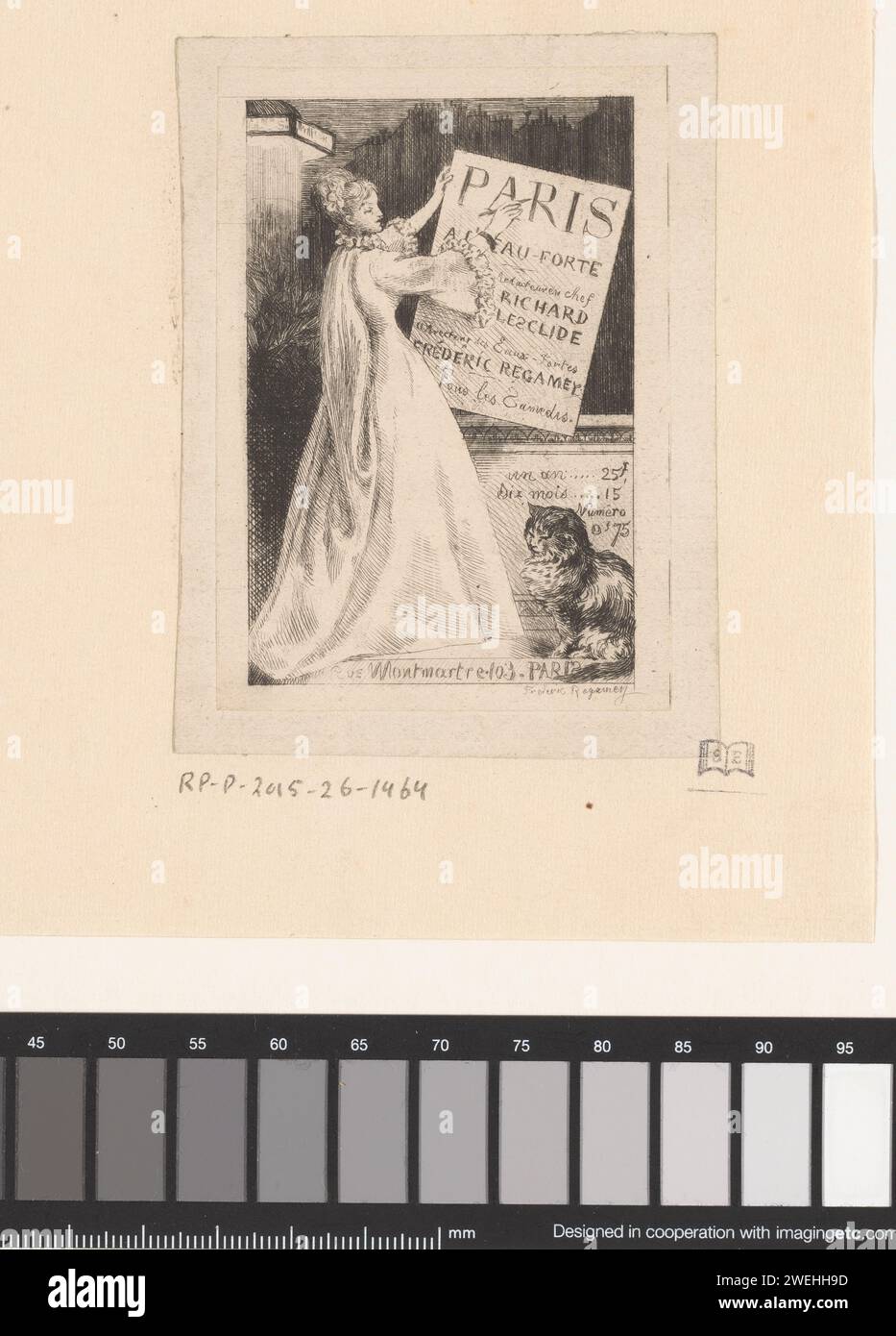 Woman advertises the magazine 'Paris à l'Eau -Forte', Frédéric Regamey, 1873 - 1876 print A woman writes advertising for 'Paris à l'Eau-Forte' on a plate. In the background an advertising column. There is a cat in the foreground.  paper etching poster-pillar. cat Stock Photo