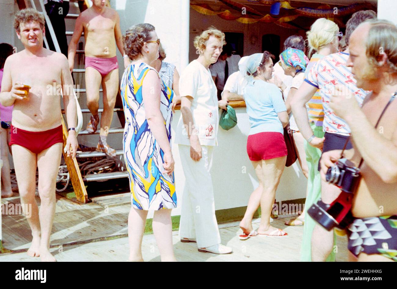 East German passengers on a cruise ship in the Caribbean, historical 1960s Stock Photo