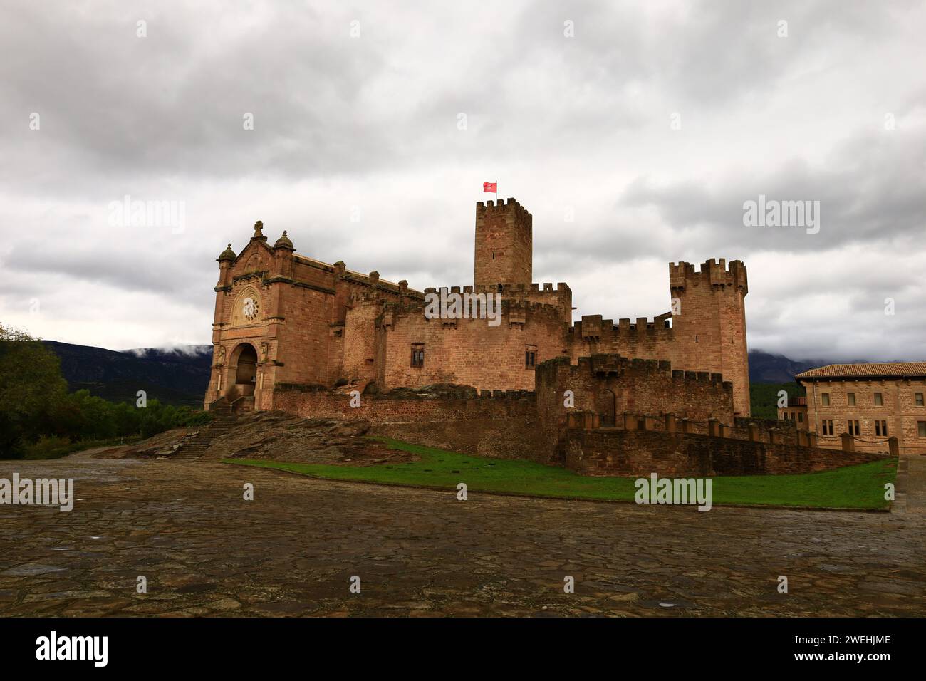 The Castle of Xavier is located on a hill in the town of Xavier , 52 km east of Pamplona and 7 km east of Sangüesa Stock Photo
