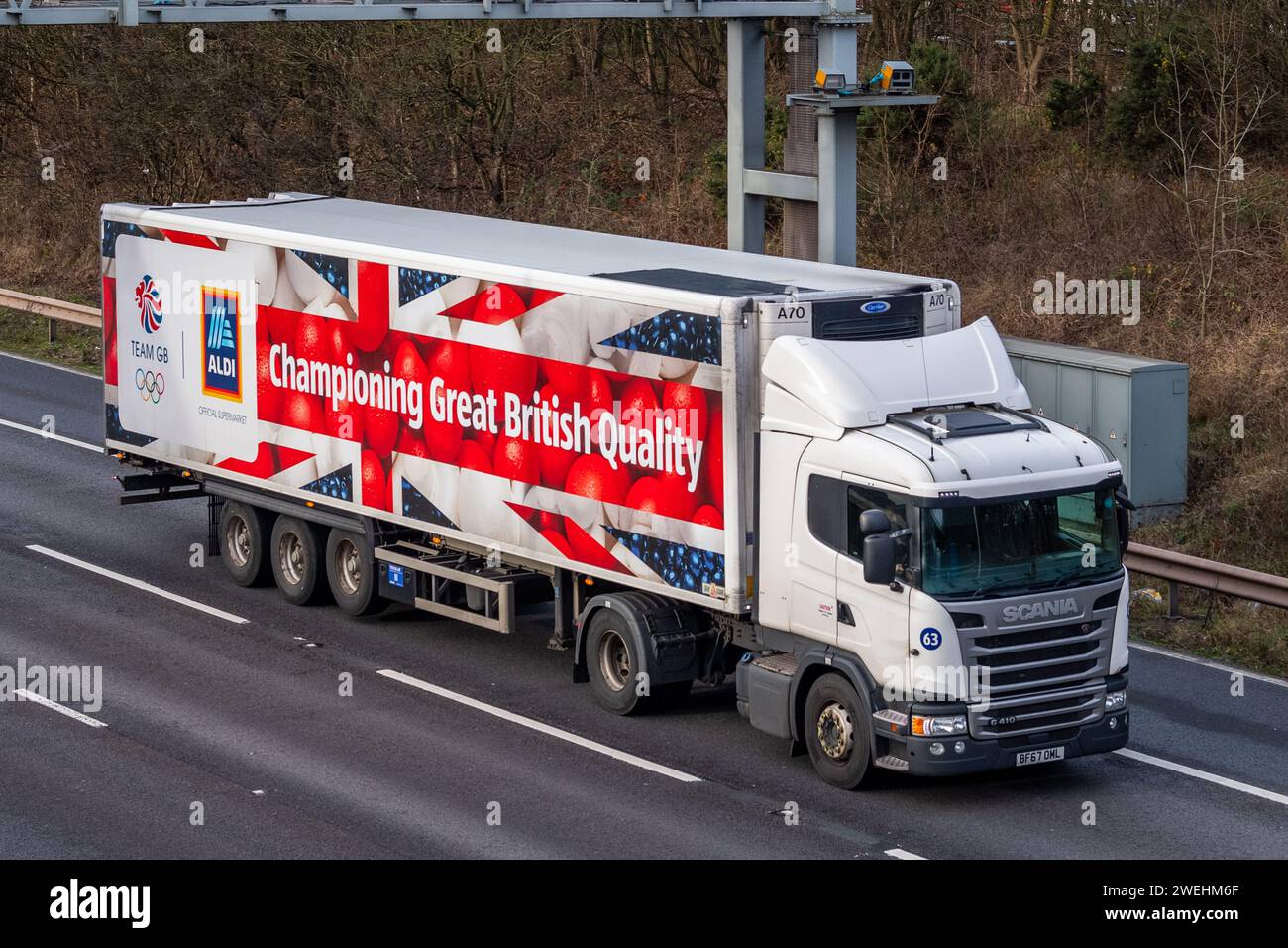 Aldi Truck/Lorry heading south on the M6 motorway near Birmingham, UK. Stock Photo