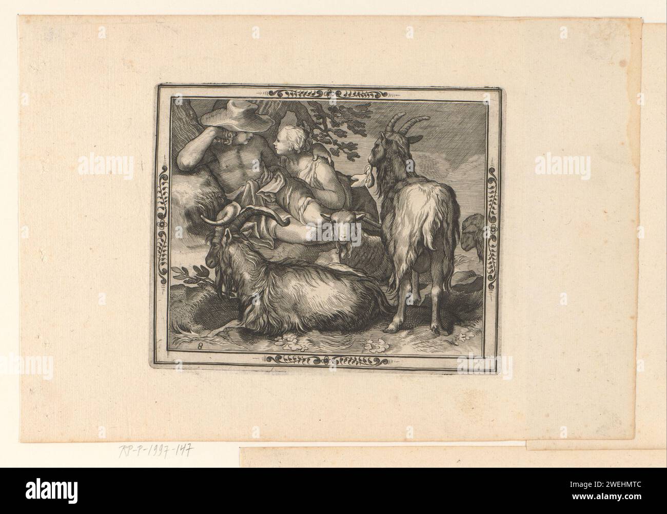 Goats with loving pair, Jean Leclerc, After Abraham Bloemaert, 1597 - 1633 print   paper engraving goat. couple of lovers Stock Photo