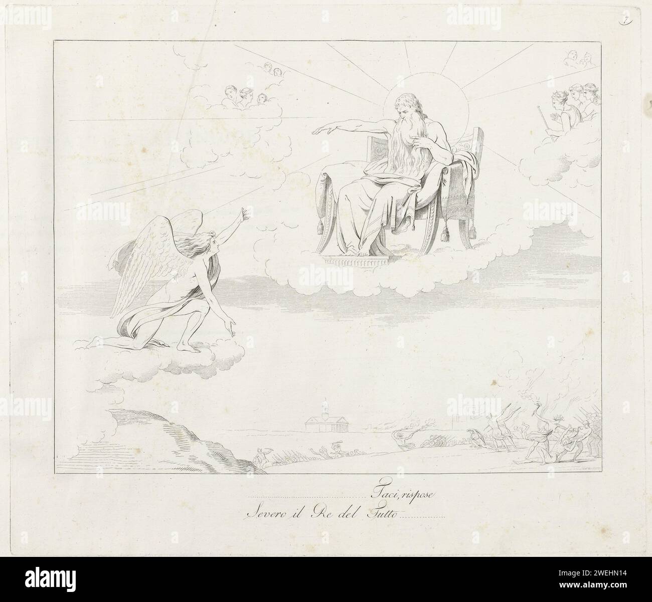 Angel kneeling for God the Father on his throne, Teodoro Matteini, 1808 print Under the performance a verse in Italian. Print is part of an album.  paper etching angels. God the Father. throne. battle Stock Photo