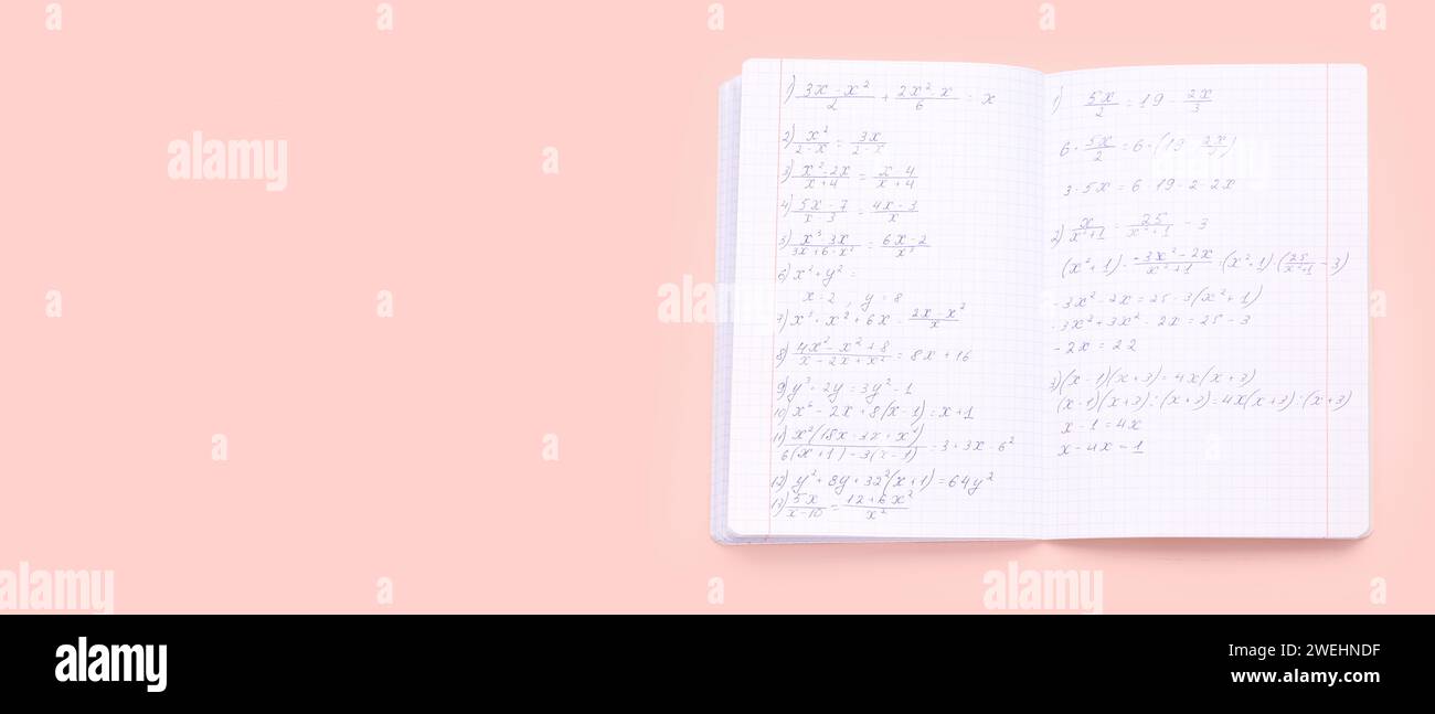 Copybook with maths formulas on pink background with space for text ...