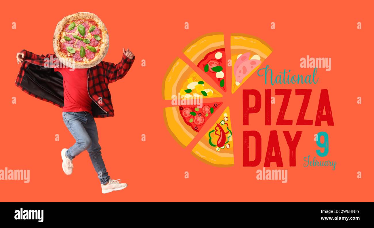 Jumping young man with tasty pizza instead of his head on orange background. Banner for National Pizza Day Stock Photo