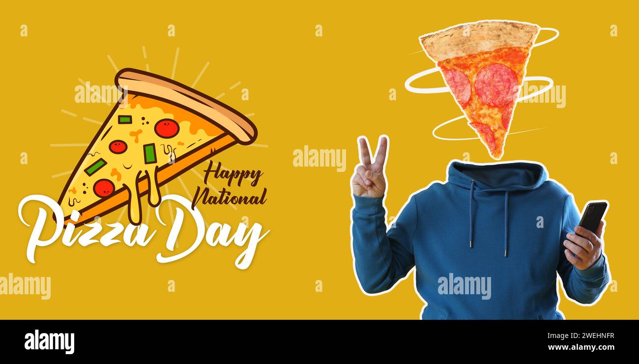 Cool man with slice of tasty pizza instead of his head and mobile phone on yellow background. Banner for National Pizza Day Stock Photo