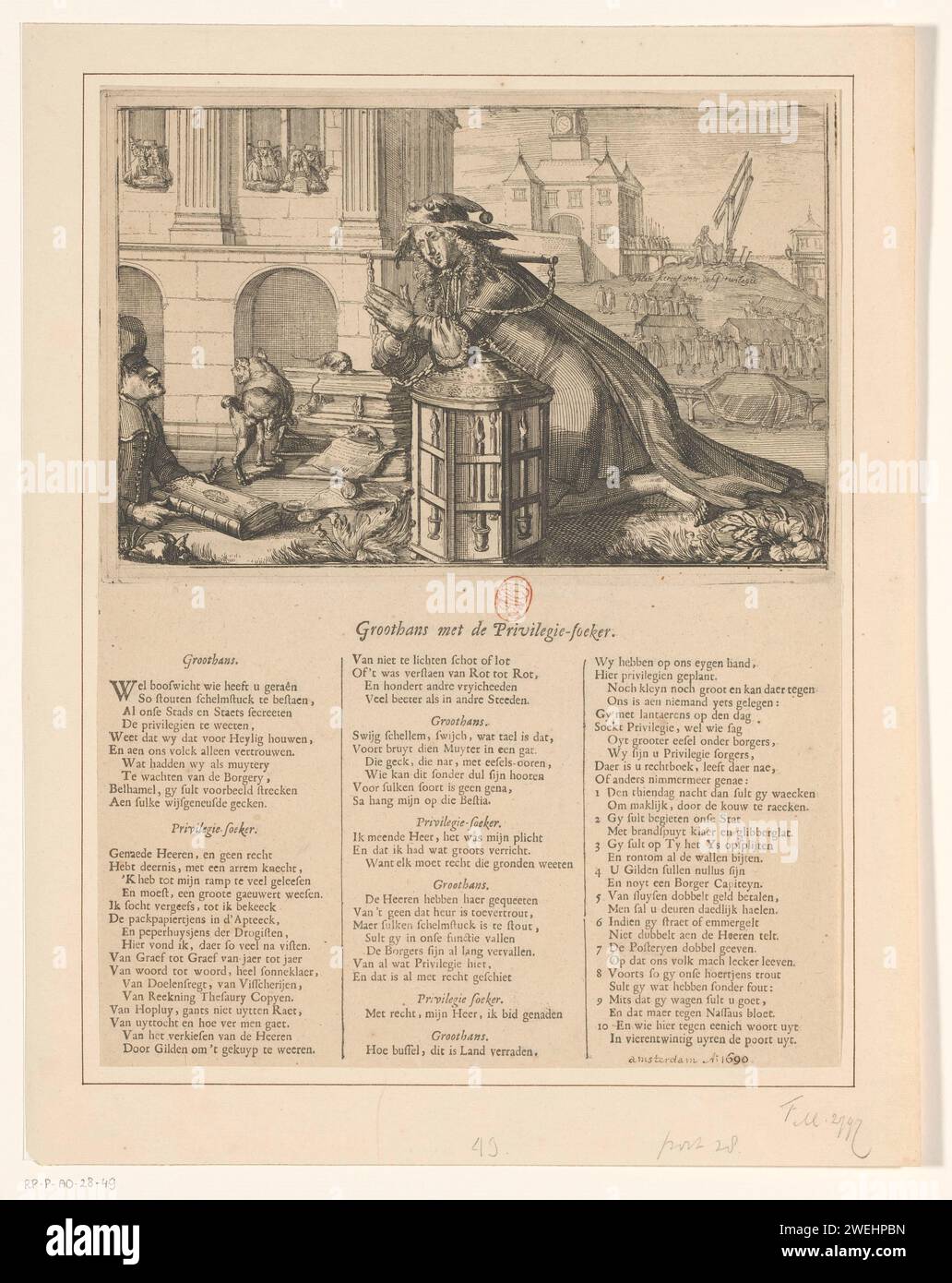 Cartoon on the regents of Amsterdam, 1690, Anonymous, 1690 print Cartoon on the regents of Amsterdam, 1690: Groothans and the privilege finder. The privilege finder (the Burgerij van Amsterdam) kneels and crying with a yoke on the shoulders at a large city lantern (with which he is looking for privileges), while Left Groothans (a regent) offers him a book (possibly a privilege book). On the left a pile of privileges of Amsterdam to which rats nibble and against which a dog pees. In the background on the right a funeral procession in a cemetery referred to as: Desolate Kercof for Previlegie. On Stock Photo