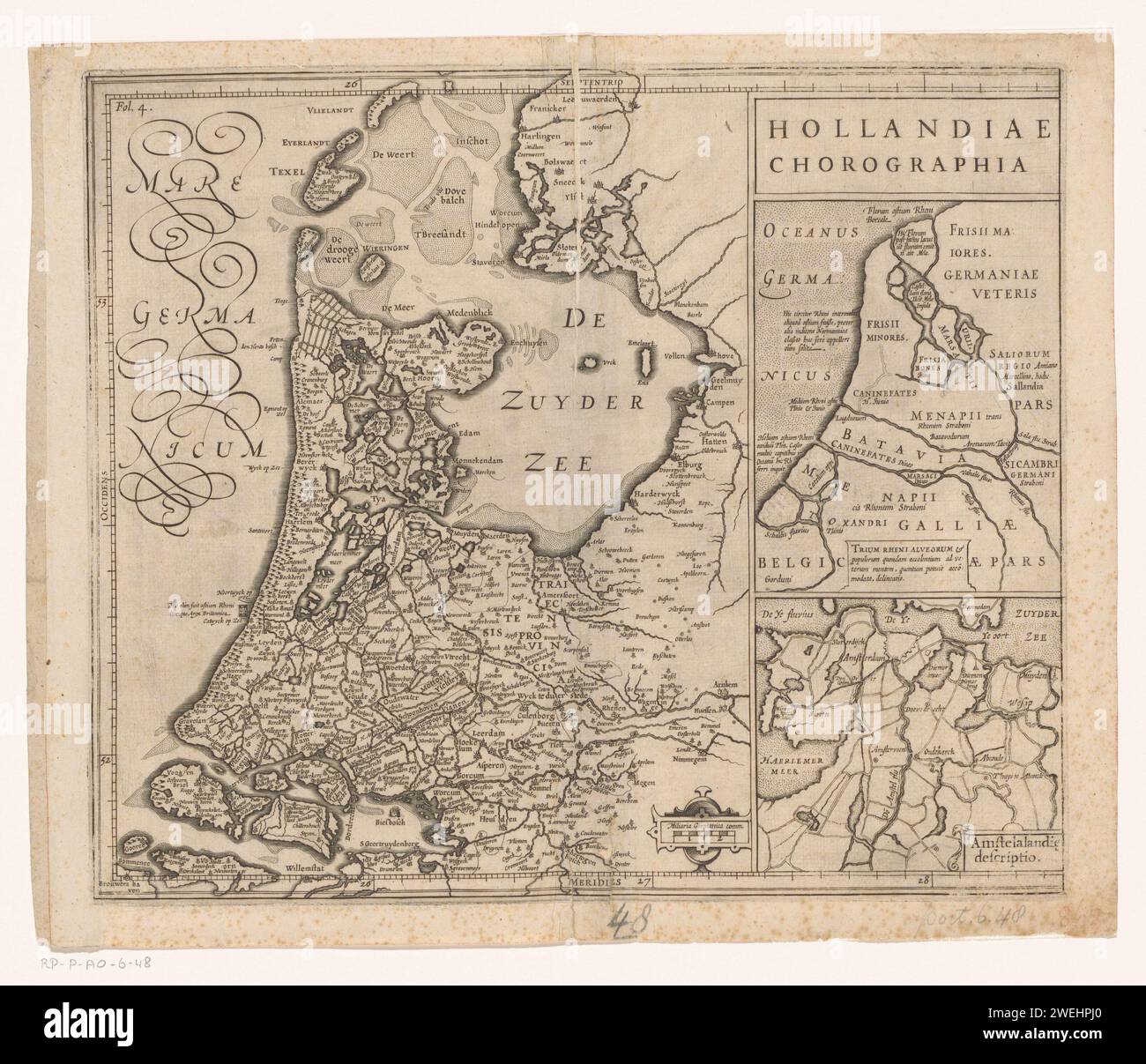 Map of the Graafschap Holland, Anonymous, 1611 - 1614 print At the bottom left of the main map a bowl: Miliaria Germanica Comm. At the top right of the title, including a historical deployment map of the Netherlands in ancient times, including an Amstelland deployment card. Degree distribution along the edges.  paper engraving maps of separate countries or regions Holland. Amstelland Stock Photo
