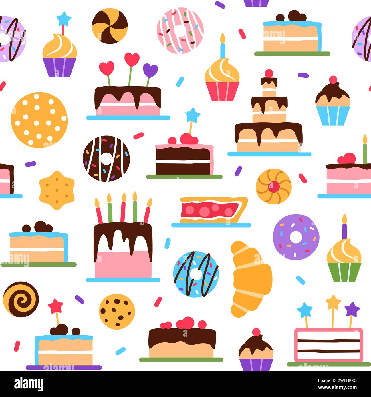 Pastry seamless pattern on white background. Stock Vector