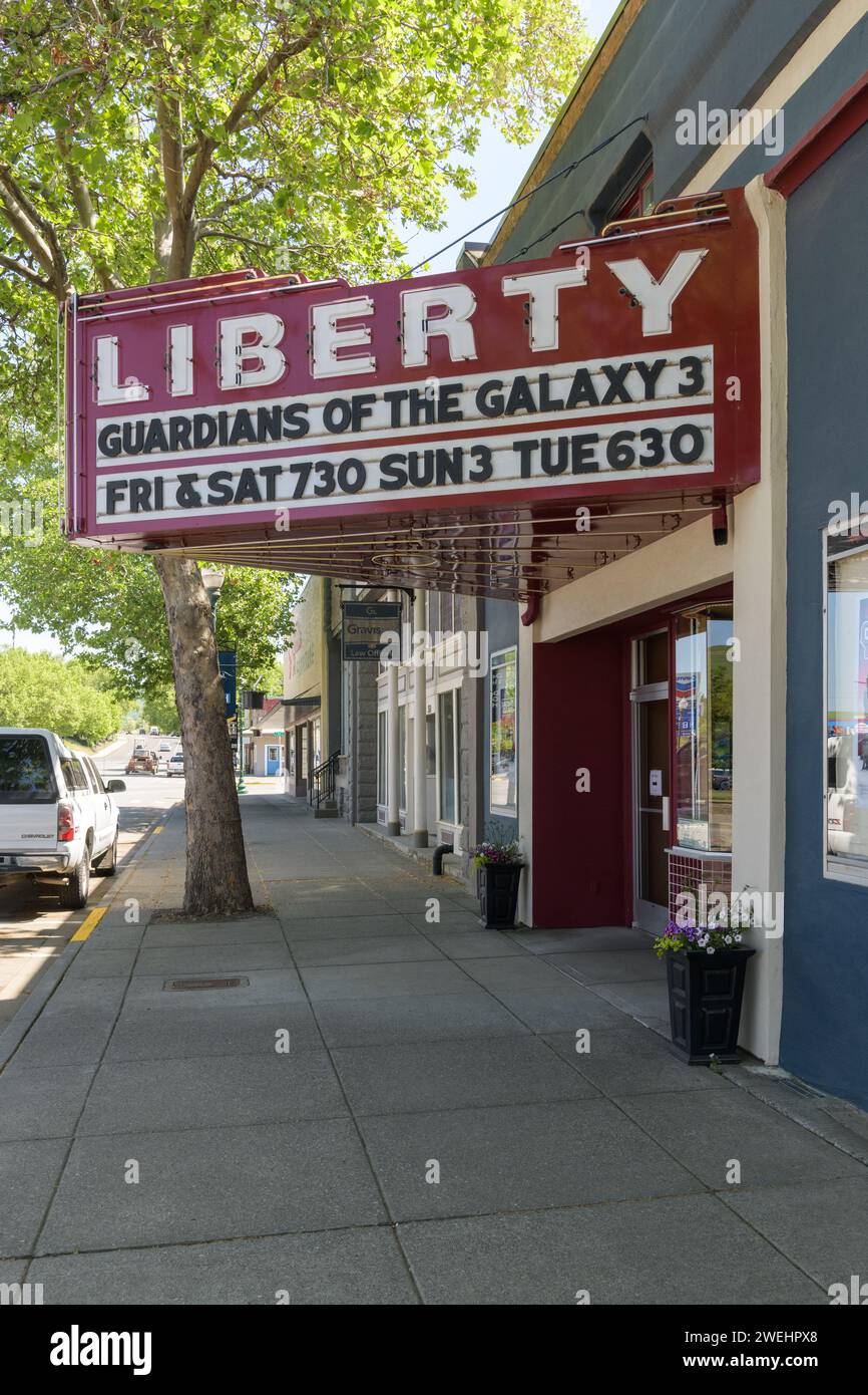 Dayton, WA, USA - May 25, 2023; Billboard with show times at The liberty Theatre in Dayton Washington Stock Photo