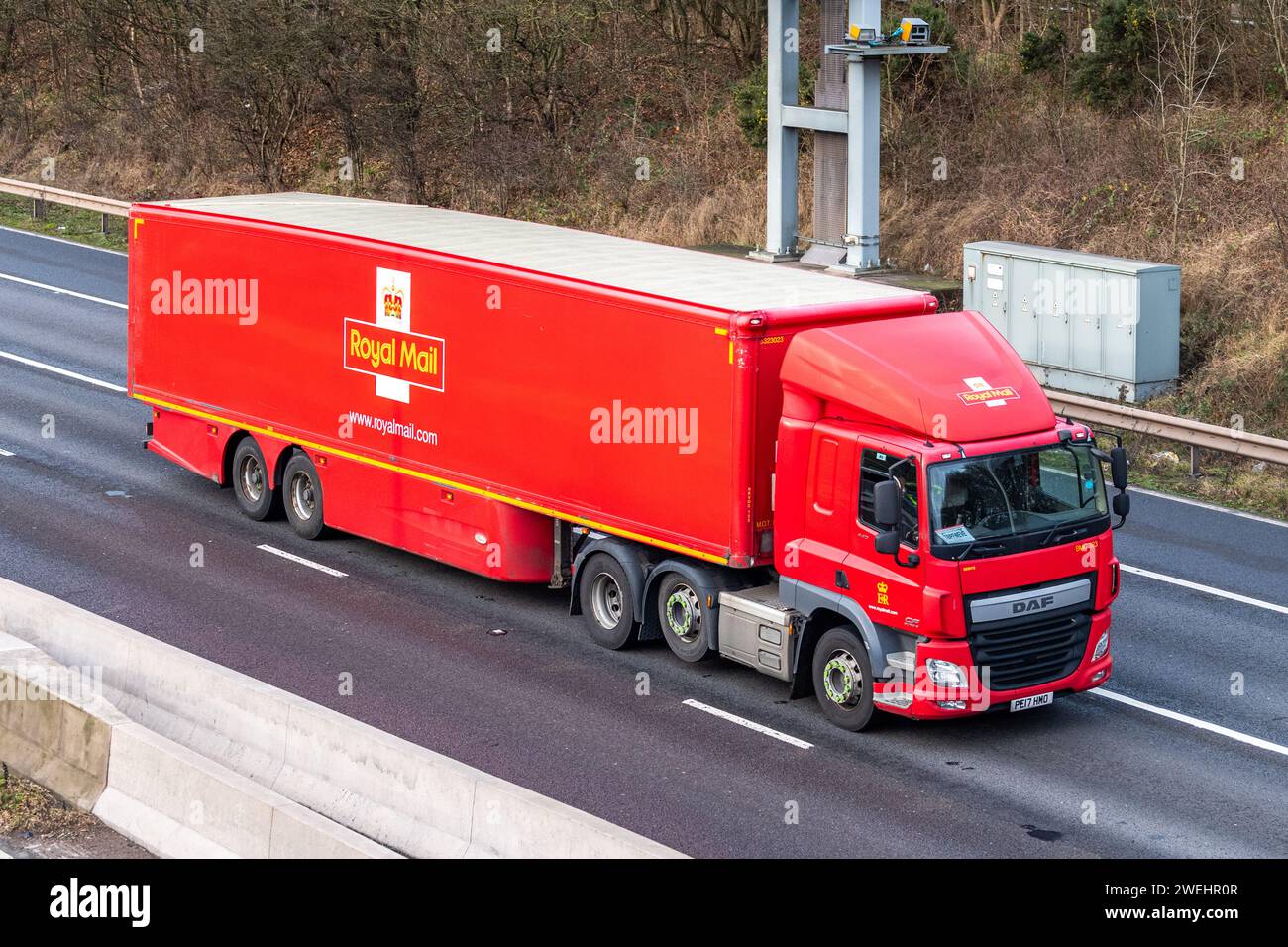 Royal Mail Truck/Lorry heading south on the M6 motorway near Birmingham, UK. Stock Photo