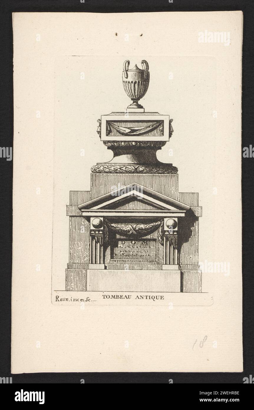 Grave monument with vase, raux, 1758  A burial monument with triangular pediment and garland. A vase at the top.  paper. rope etching grave-building, monumental tomb. vase  ornament Stock Photo