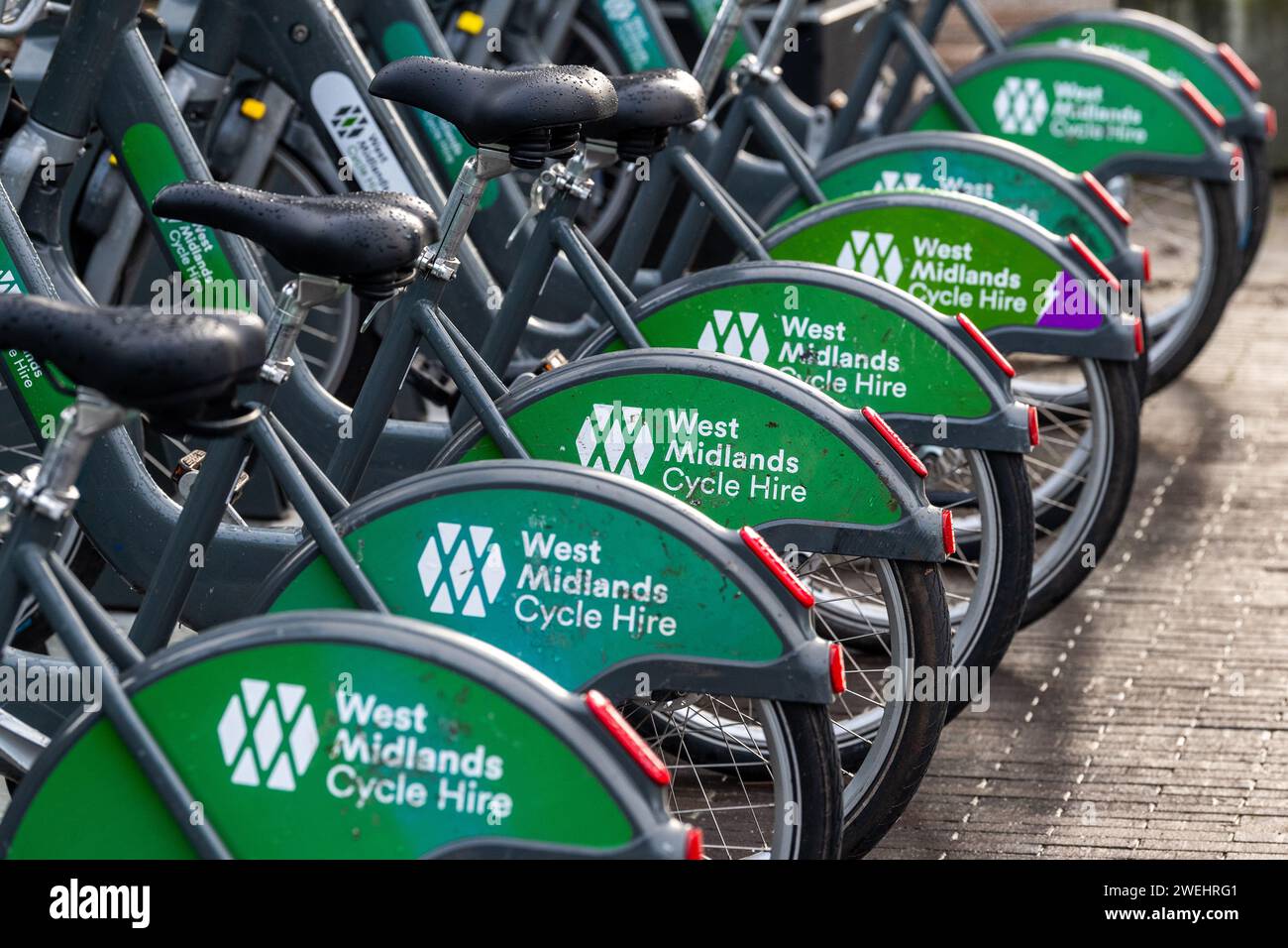 Line of West Midlands Cycle Hire bikes in Coventry, West Midlands, UK. Stock Photo