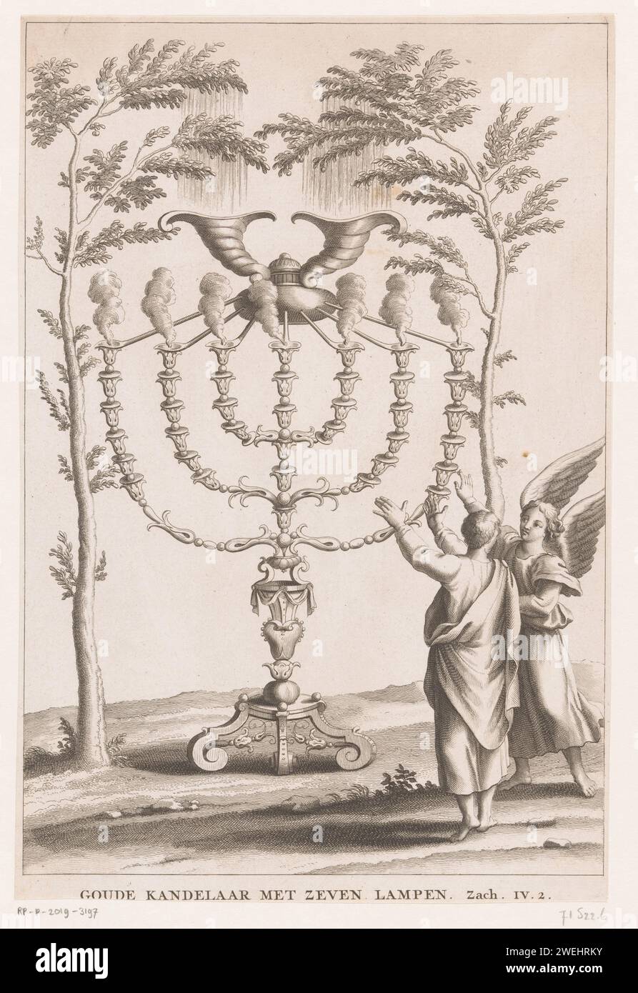 Two angels at a candlestick with seven lamps, Anonymous, 1725 - 1731 print   paper engraving / etching four chariots (with red, black, white, grisled and bay horses respectively) coming out from between two mountains of brass (Zechariah 6:1-8). candlestick. 'menorah', golden seven-branched candlestick, kept in the Tabernacle Stock Photo