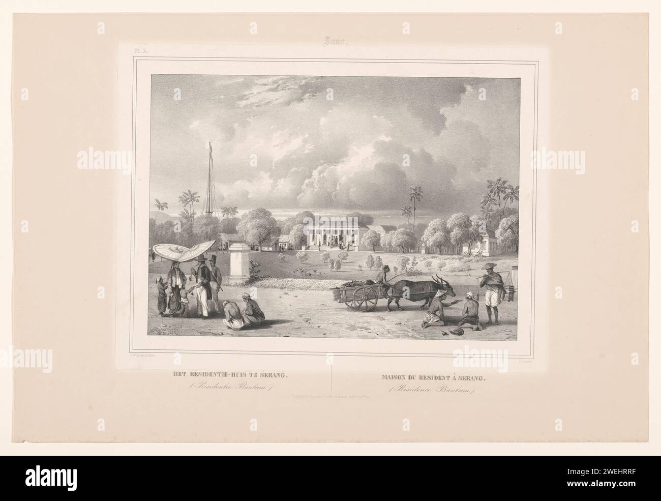 View of the Residence in Bantam, Paulus Lauters, After Charles William Meredith van de Velde, 1843 - 1845 print On the left are men in conversation under two parasols. On the right a cart pulled through an ox. Numbered in the top left: pl. X De print is part of a cover with six magazines.  paper.  farm or solitary house in landscape. parasol, sunshade. two-wheeled vehicle drawn by one animal. ox Bantam Stock Photo