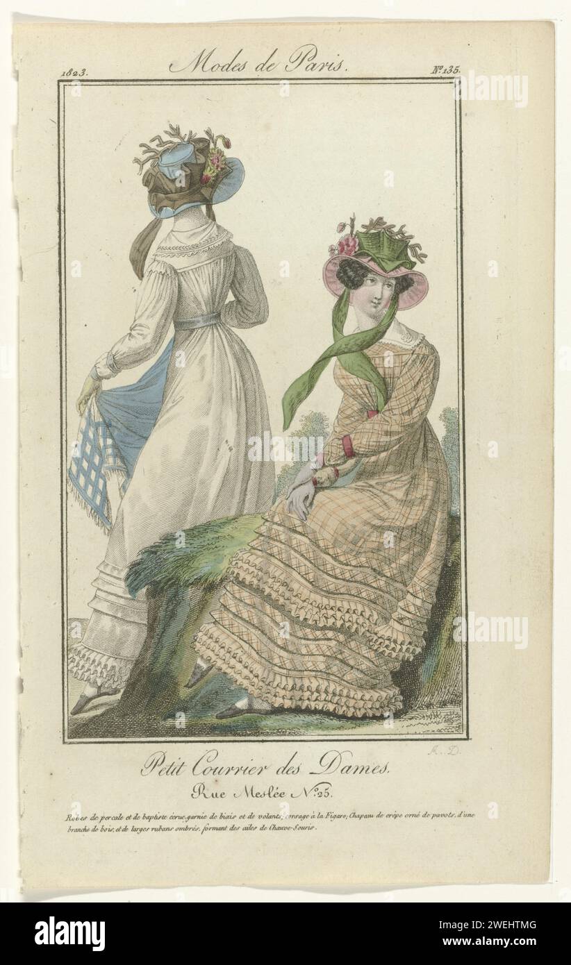 Small mail of the ladies, 1823, no. 135: Percal dresses (...), 1823 Two women, one of whom seen on the back, in dresses of cotton batist (percale) and ecrukligent batist, garnished with Small mail of the ladies, 1823, no. 135: Percal dresses (...), 1823 Two women, one of whom seen on the back, in dresses of cotton batist (percale) and ecrukligent batist, garnished with