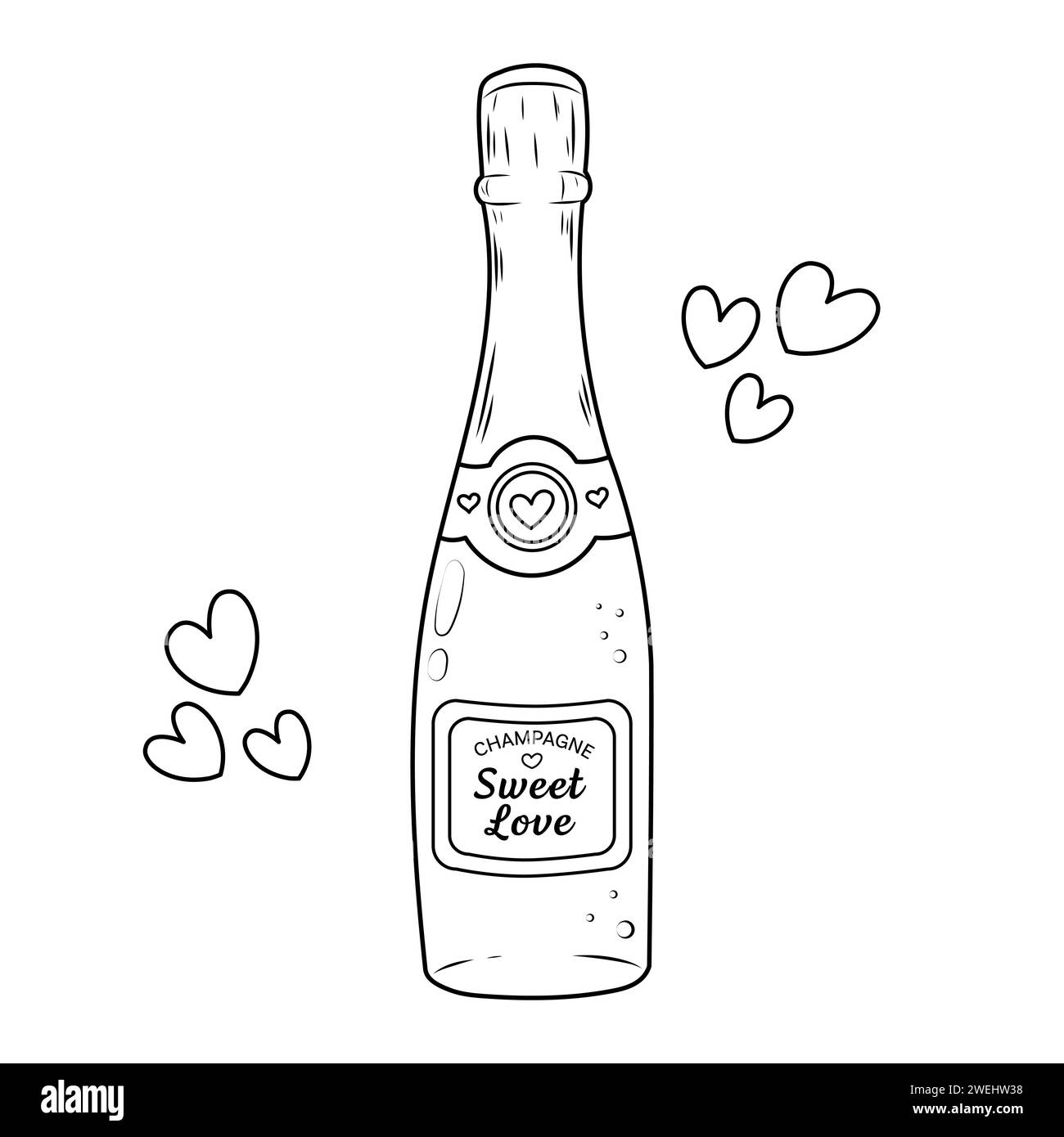 Vector illustration of champagne bottle for valentine's day. Sketch of festive bottle and hearts. Colouring book page Stock Vector