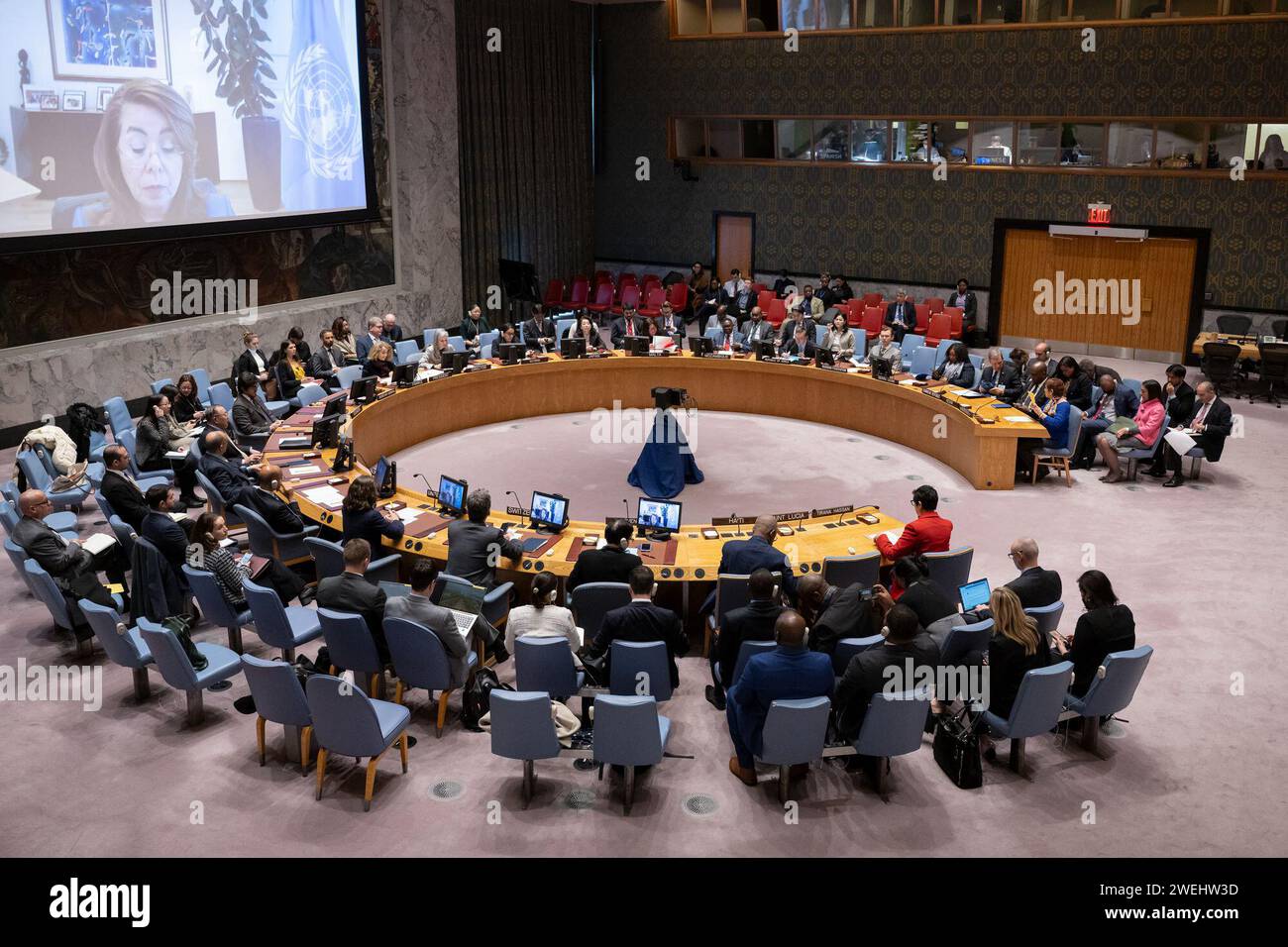 (240125) -- UNITED NATIONS, Jan. 25, 2024 (Xinhua) -- The Security Council holds a meeting on the situation in Haiti at the UN Headquarters in New York, on Jan. 25, 2024. The top UN envoy for Haiti on Thursday called on all stakeholders in the country to prepare for the deployment of the UN-authorized, Kenyan-led multinational police force. (Manuel Elias/UN Photo/Handout via Xinhua) Stock Photo