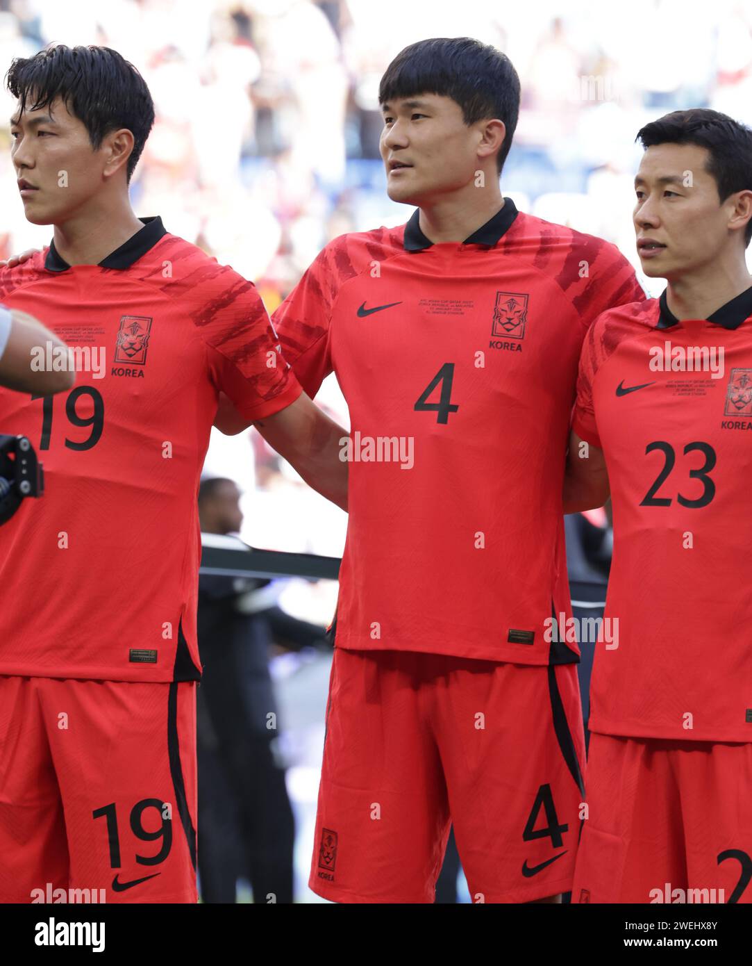AL WAKRAH, QATAR - JANUARY 25: Kim Young-gwon, Kim Min-jae, Kim Tae-hwan of South Korea during the AFC Asian Cup Group E match between South Korea and Stock Photo