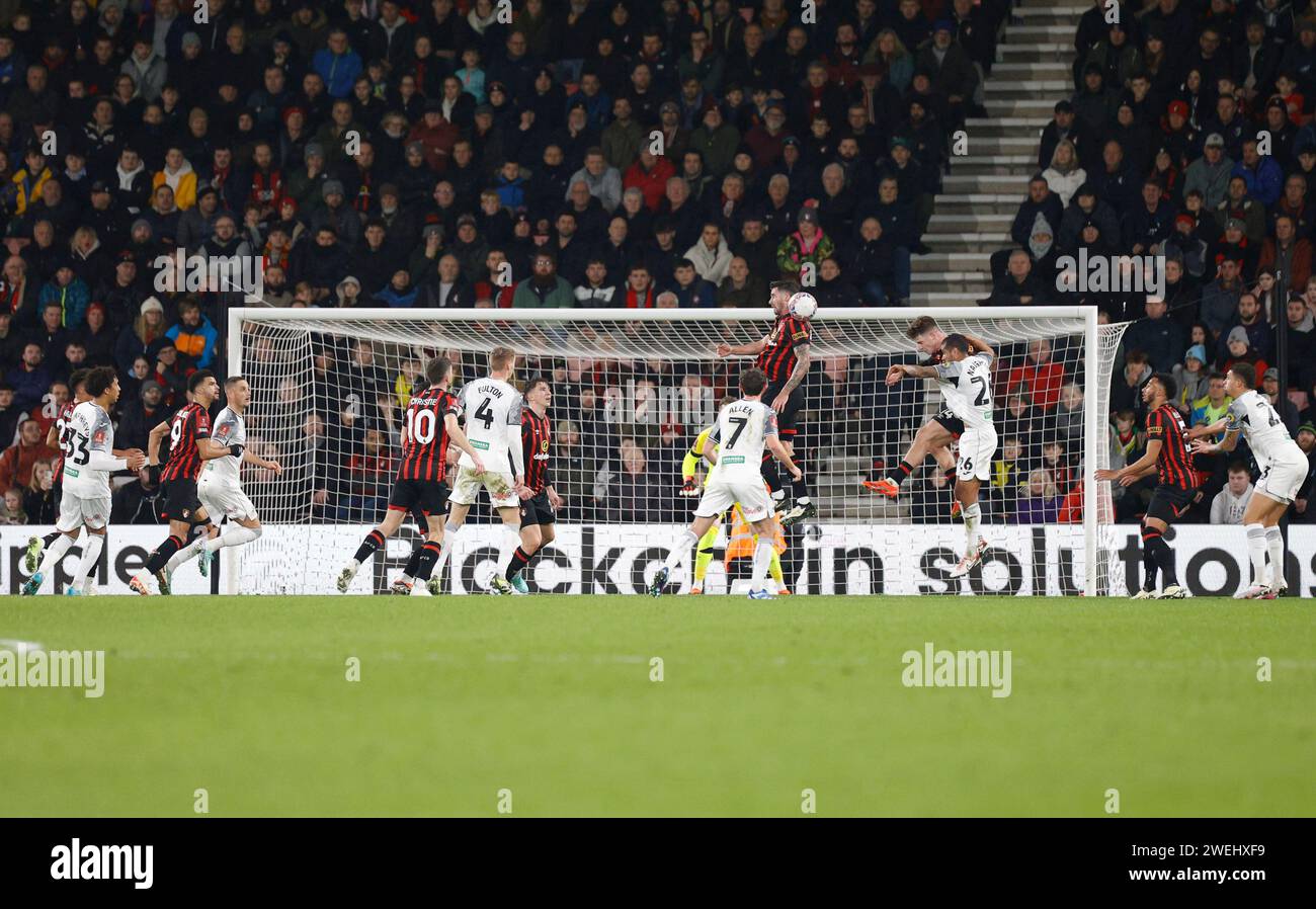 Vitality Stadium, Boscombe, Dorset, UK. 25th Jan, 2024. FA Cup Fourth Round Football, AFC Bournemouth versus Swansea; Lewis Cook of Bournemouth clears with a header from Joe Allen of Swansea Credit: Action Plus Sports/Alamy Live News Stock Photo