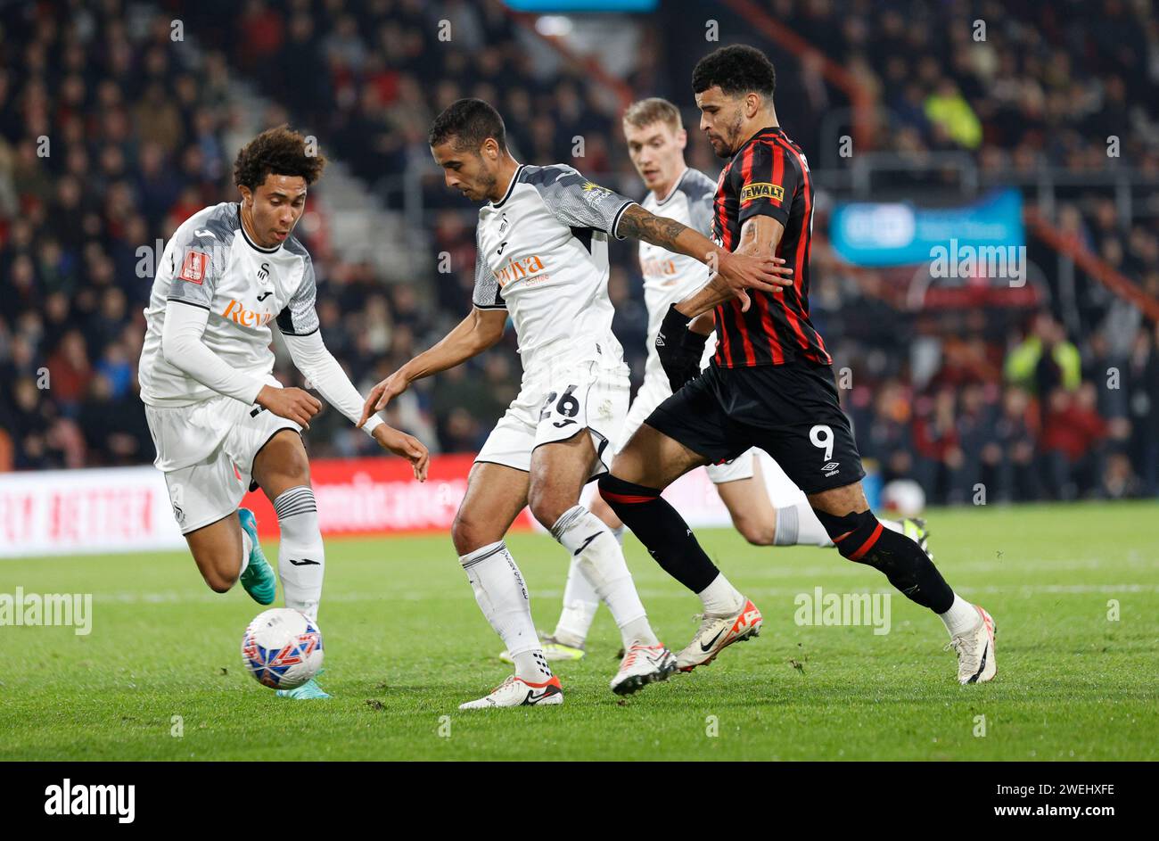 Vitality Stadium, Boscombe, Dorset, UK. 25th Jan, 2024. FA Cup Fourth Round Football, AFC Bournemouth versus Swansea; Kyle Naughton of Swansea holds off Dominic Solanke of Bournemouth Credit: Action Plus Sports/Alamy Live News Stock Photo