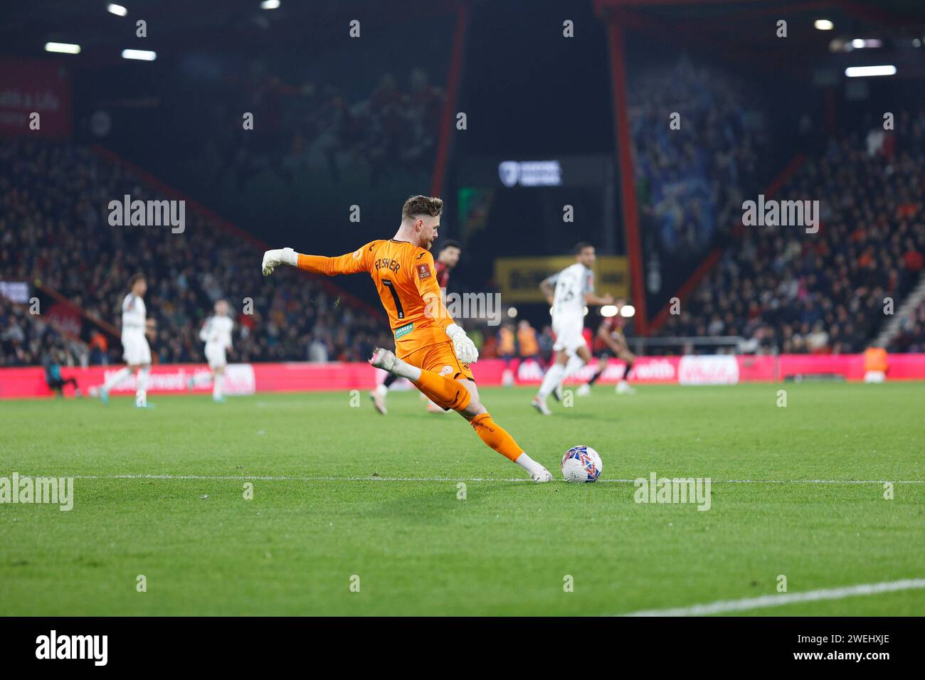Vitality Stadium, Boscombe, Dorset, UK. 25th Jan, 2024. FA Cup Fourth Round Football, AFC Bournemouth versus Swansea; Andy Fisher of Swansea kicks the ball out to make a clearance upfield Credit: Action Plus Sports/Alamy Live News Stock Photo