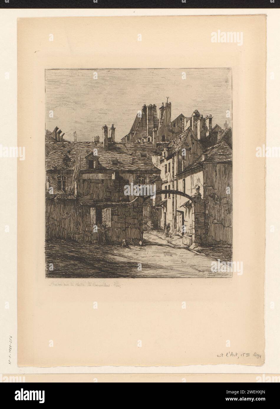 View of a house in the rue du Cloître des Bernardins in Paris, Gabrielle -Marie Niel, 1850 - 1940 print   paper etching street. urban housing Rue des Bernardins Stock Photo