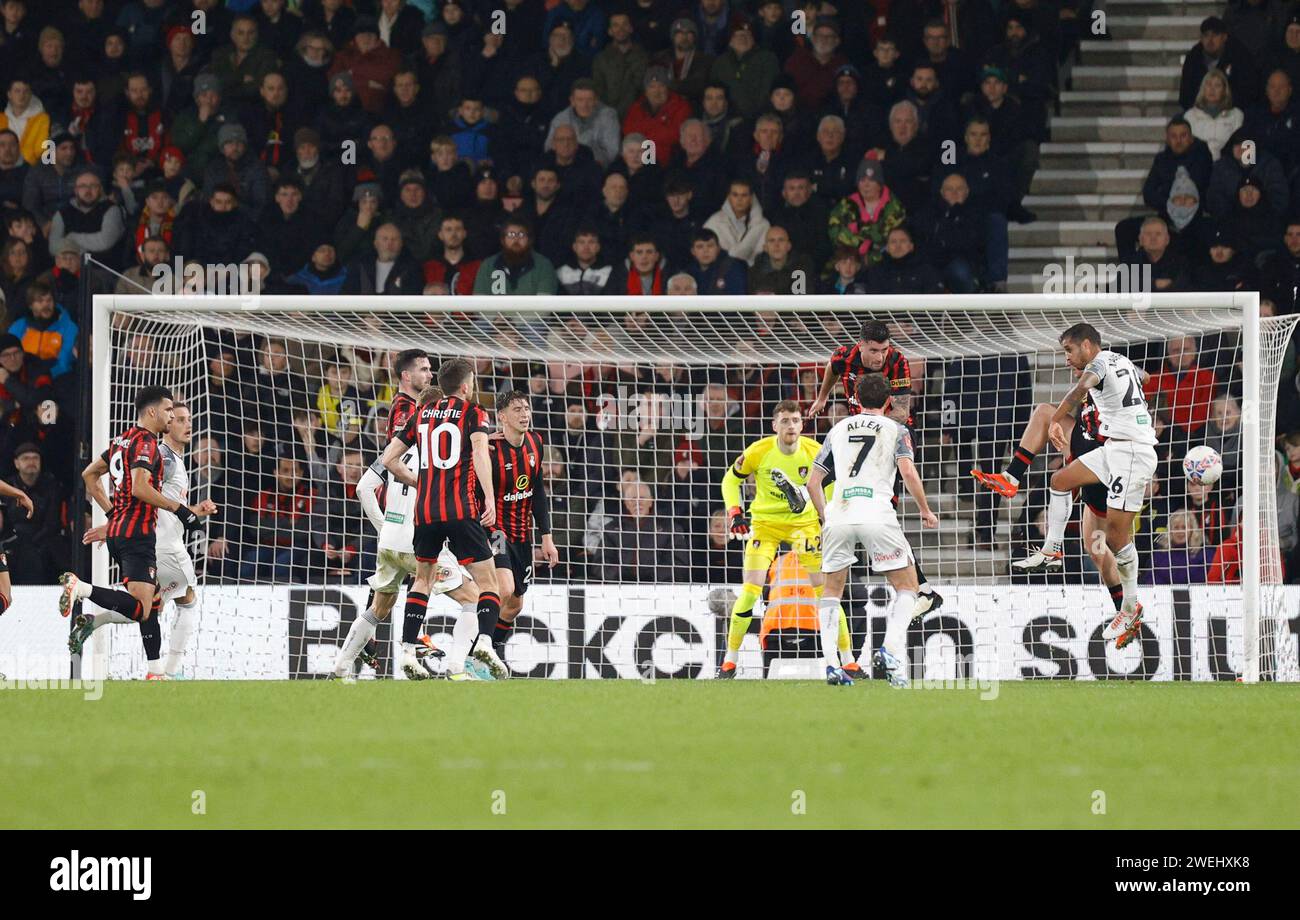 Vitality Stadium, Boscombe, Dorset, UK. 25th Jan, 2024. FA Cup Fourth Round Football, AFC Bournemouth versus Swansea; Lewis Cook of Bournemouth clears with a header from Joe Allen of Swansea Credit: Action Plus Sports/Alamy Live News Stock Photo