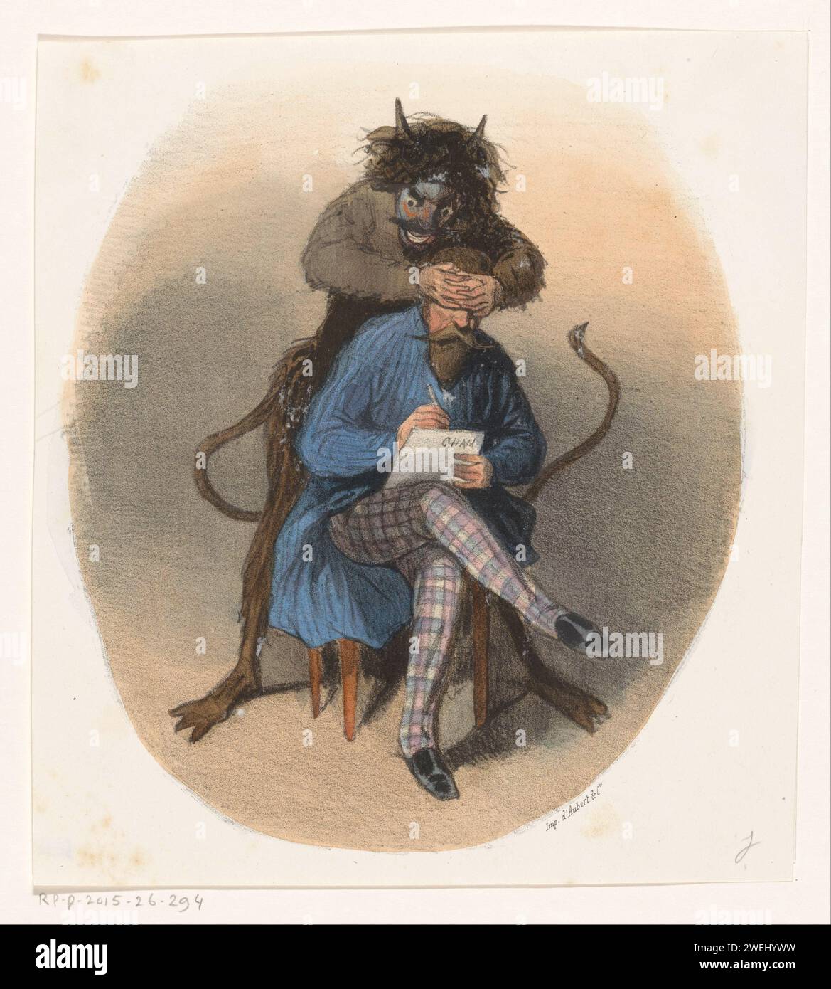 Writer and the devil, 1828 - 1879 print A writer, possibly cham himself, is writing on a chair. Behind him is a devil who has put his hands over his eyes.  paper  author, poet writing. devil(s) and demons Stock Photo