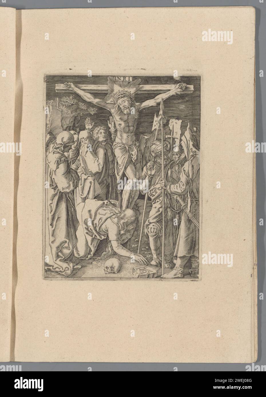 Crucifixion, 1610 - 1620 print Christ on the cross, the Mary's on his right side, a few soldiers on his left. Print is part of an album.  paper engraving crucified Christ, with particular persons under the cross Stock Photo