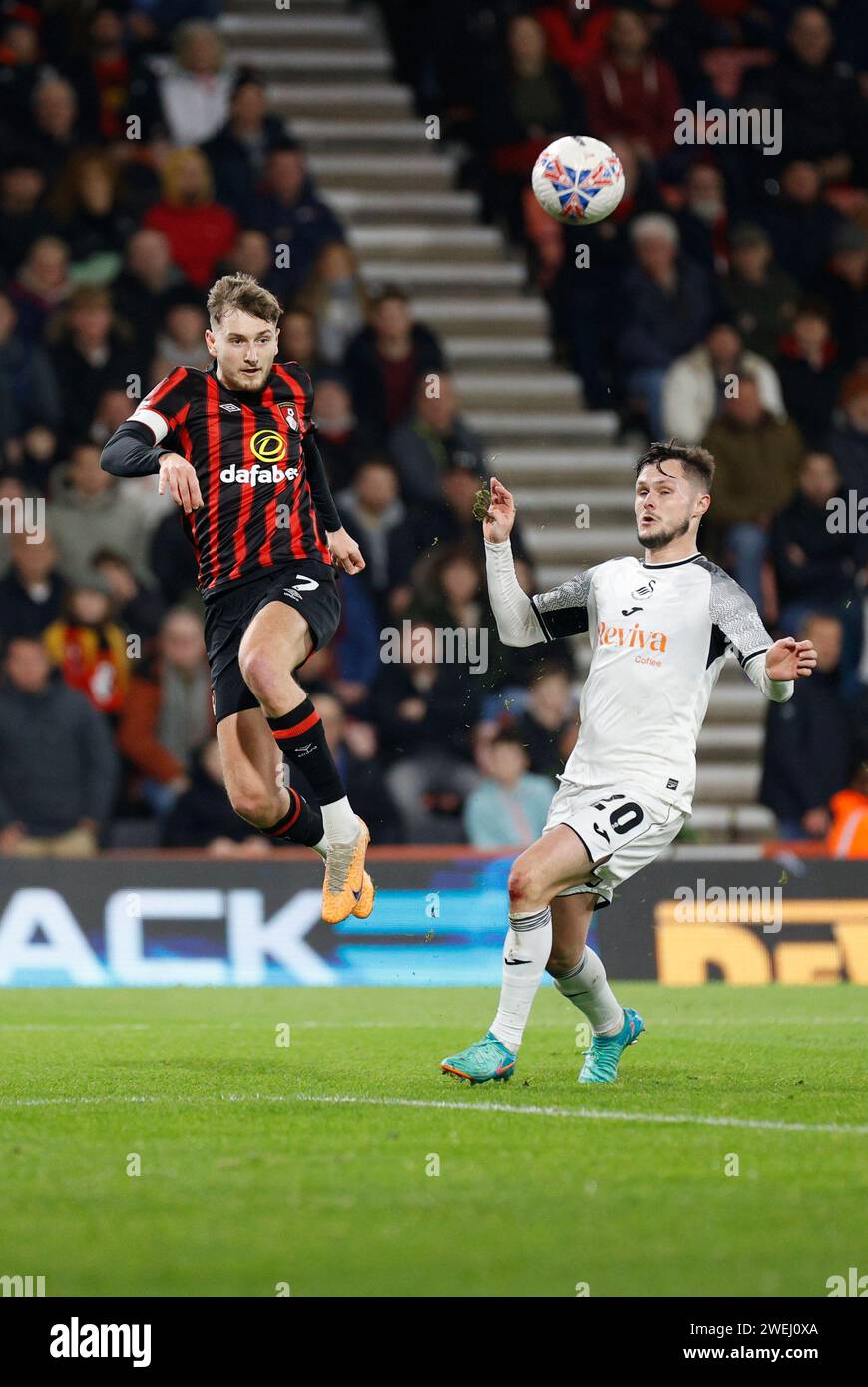Vitality Stadium, Boscombe, Dorset, UK. 25th Jan, 2024. FA Cup Fourth Round Football, AFC Bournemouth versus Swansea; David Brooks of Bournemouth collects the high pass and drives towards goal on the ball as Cullen pressures Credit: Action Plus Sports/Alamy Live News Stock Photo