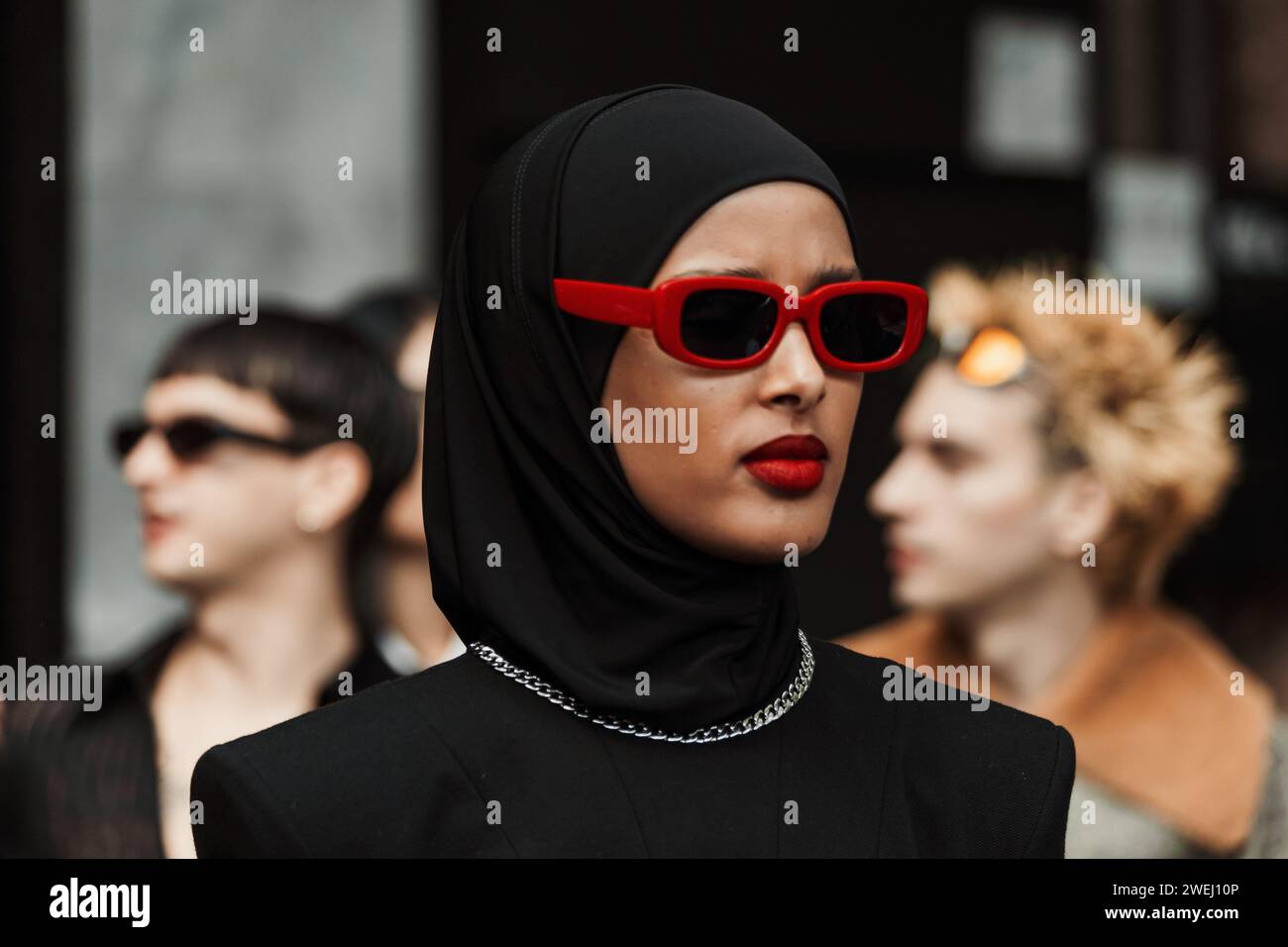 Fashion details outside ANNAKIKI show during Milan Fashion Week Womenswear Spring/Summer 2024. Stock Photo