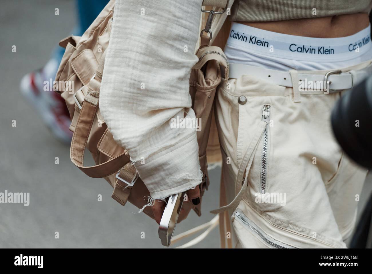 Fashion details outside ANNAKIKI show during Milan Fashion Week Womenswear Spring/Summer 2024. Stock Photo
