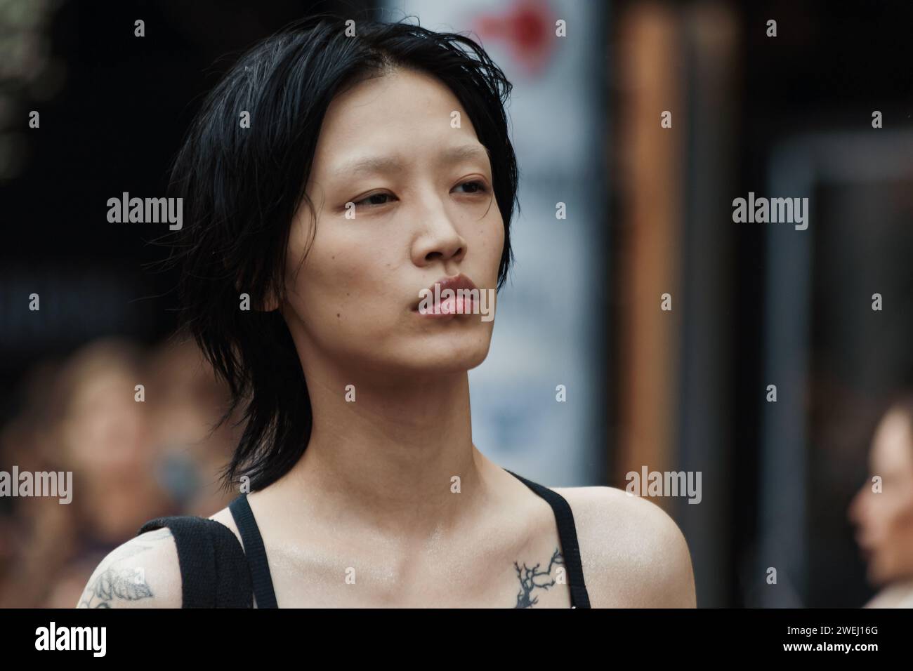 A model outside ANNAKIKI show during Milan Fashion Week Womenswear