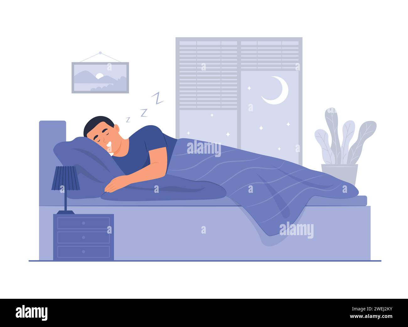 Man Snoring while Sleeping in Bed at Night Stock Vector