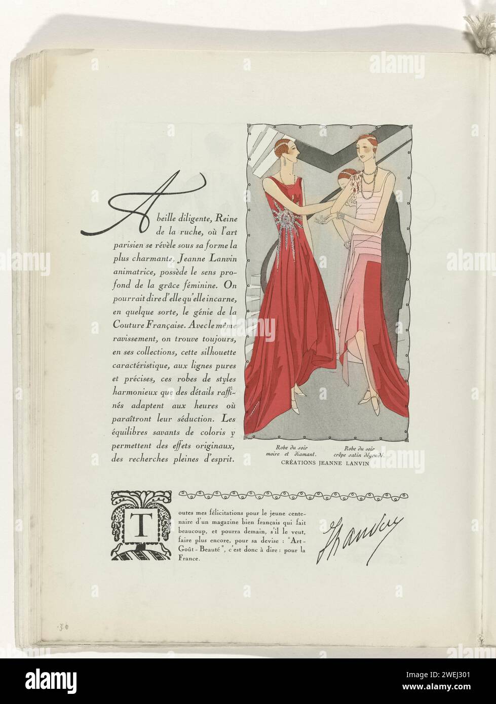 Art - Taste - Beauty, female elegance sheets, Christmas 1928, No. 100, 9th year, p. 30, Anonymous, 1928 magazine Text with an image of two women in evening dresses by Jeanne Lanvin. Left: red evening dress from Moire and diamonds. Right: Pink Evening Dress of 'Crêpe Satin Dégradé'. Page from the fashion magazine Art-Goût-Beauté (1920-1933).  paper brush fashion plates. dress, gown: evening dress (+ women's clothes). necklace (+ women's clothes). bracelet, wristlet (+ women's clothes) Stock Photo