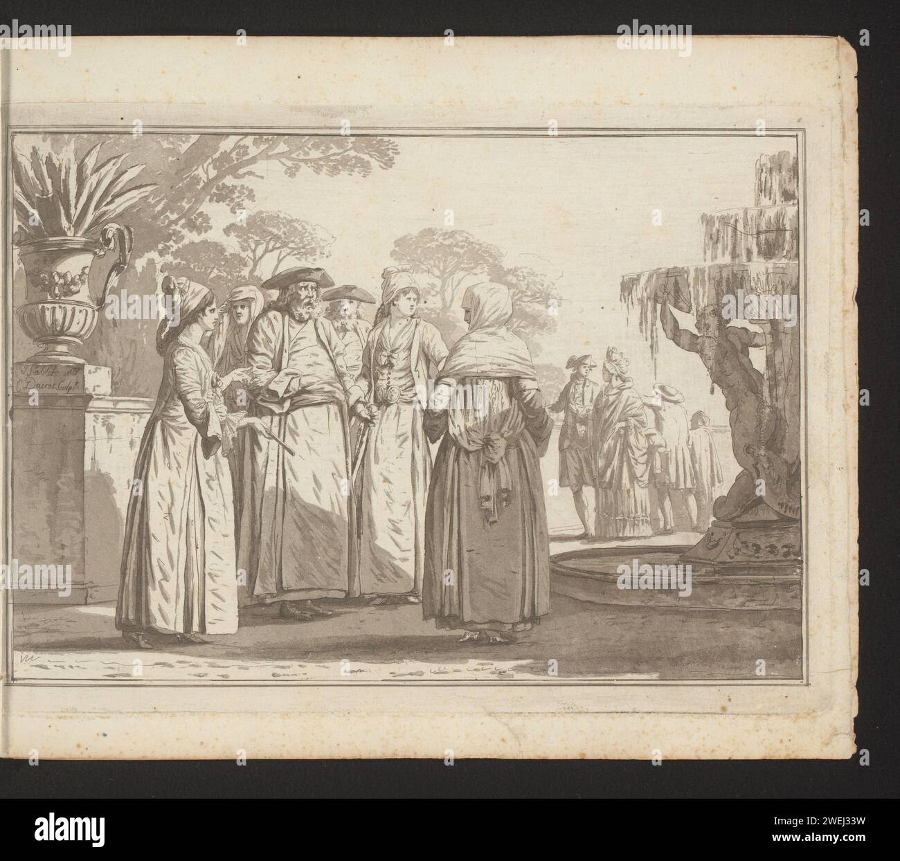 Group men and women for a fountain, Louis Ducros, after Jacques Sablet (II), 1758 - 1810 print Print is part of an album.  paper etching Europeans (with NAME). garden fountain Stock Photo