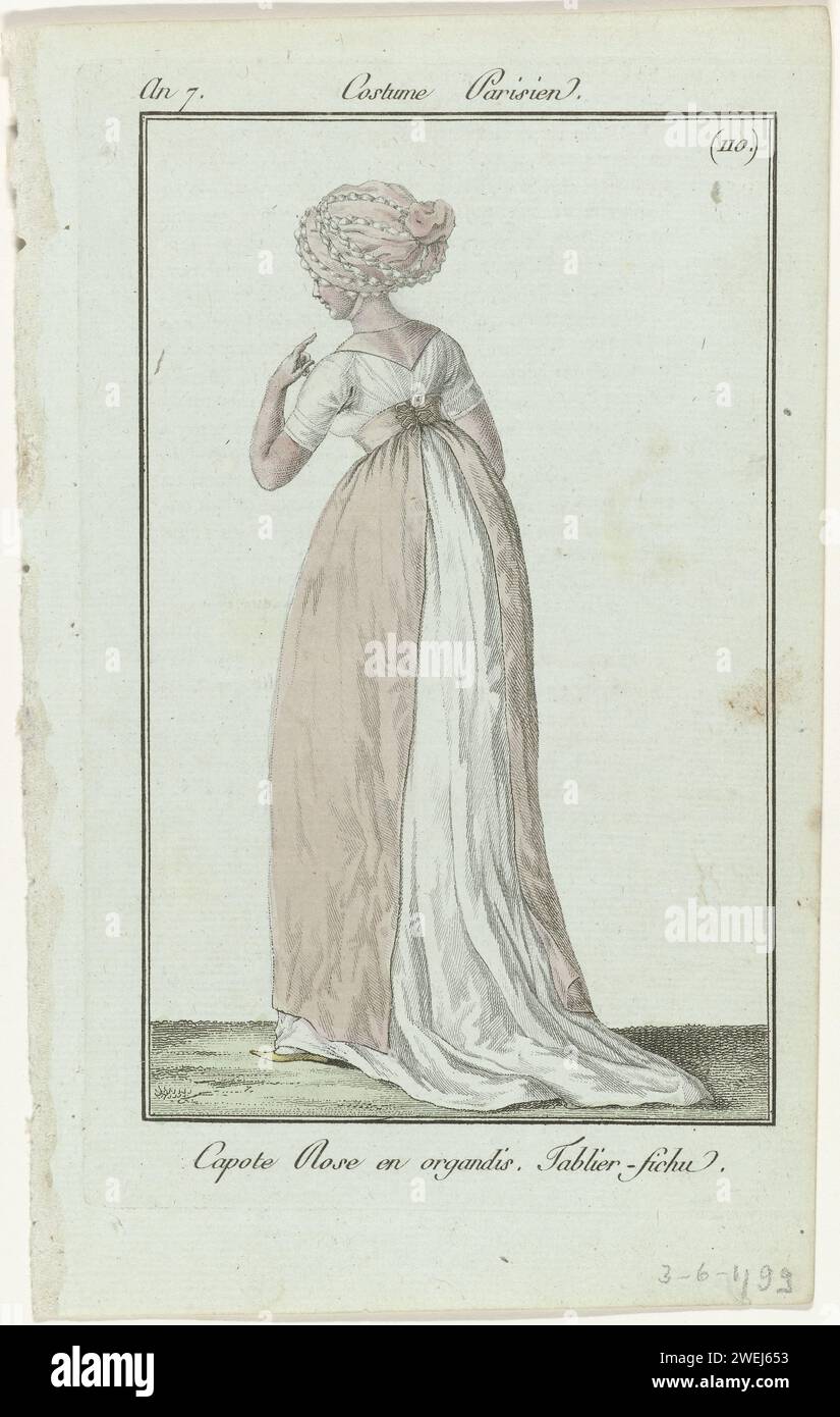 Journal of the ladies and fashions, Parisian costume, June 3, 1799, year 7 (110): pink hood in organis (...), 1799  Standing woman, seen on the back, with a 'capote' on the head of pink orland. She wears a decorative apron or 'tablier-fichu' on a dress with short sleeves and tow. flat shoe with pointed nose. The print is part of the fashion magazine Journal des Dames et des Modes, published by Sellèque, Paris, 1797-1839.  paper engraving fashion plates. dress, gown (+ women's clothes). head-gear (CAPOTE) (+ women's clothes). apron (+ women's clothes). shoes, sandals (+ women's clothes). piece Stock Photo