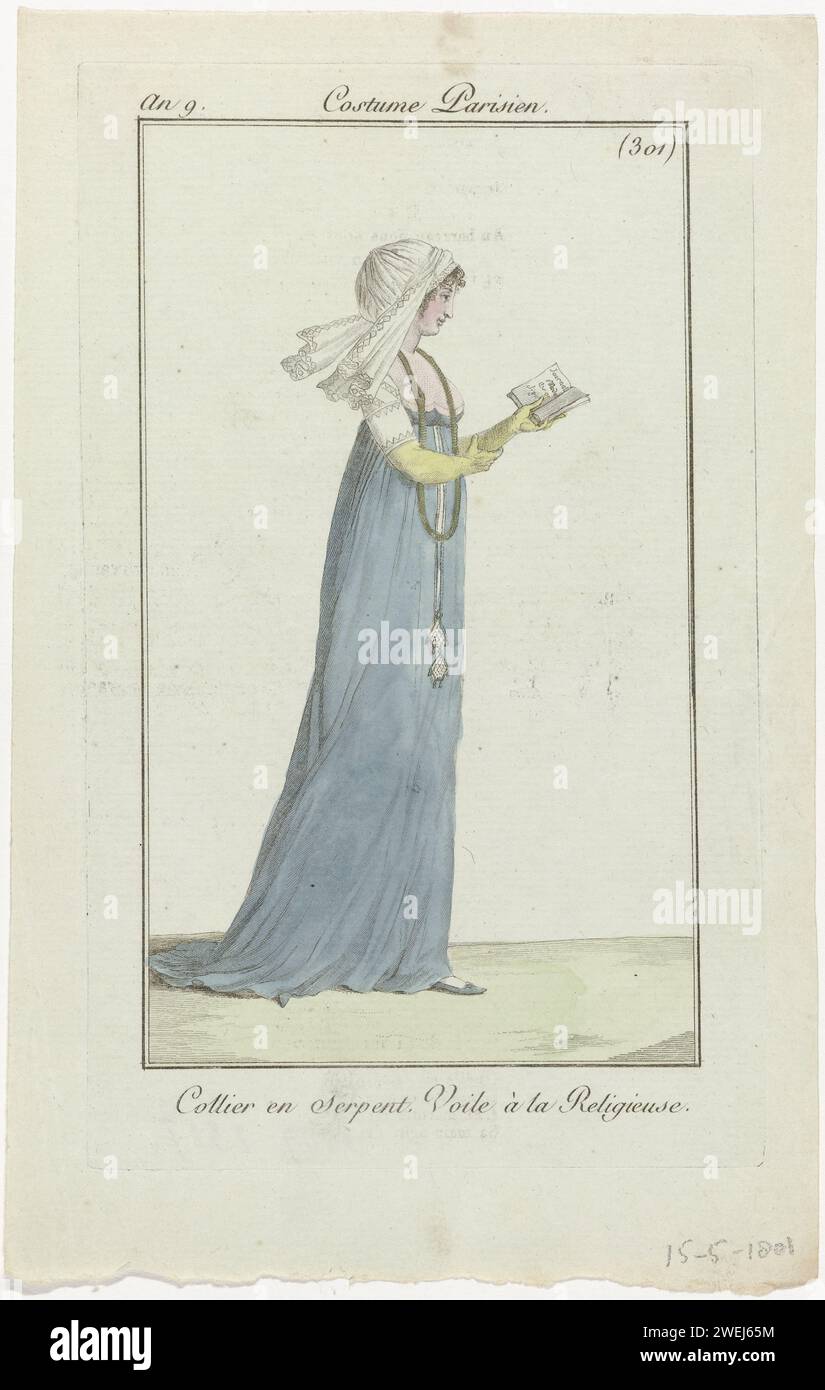 Snake collar. Voile to the nun, 1801  Woman with a necklace around the neck in the form of a snake that bites in his own tail. On the head a 'voile à la religieuse'. She wears a dress with short sleeves, low cleavage and drag. Further accessories: long gloves, flat shoes with pointed noses. An open book in the left hand. The print is part of the fashion magazine Journal des Dames et des Modes, published by Pierre de la Mésangère, Paris, 1797-1839  paper engraving fashion plates. dress, gown (+ women's clothes). book - MM - book open. head-gear (+ women's clothes). necklace (+ women's clothes). Stock Photo