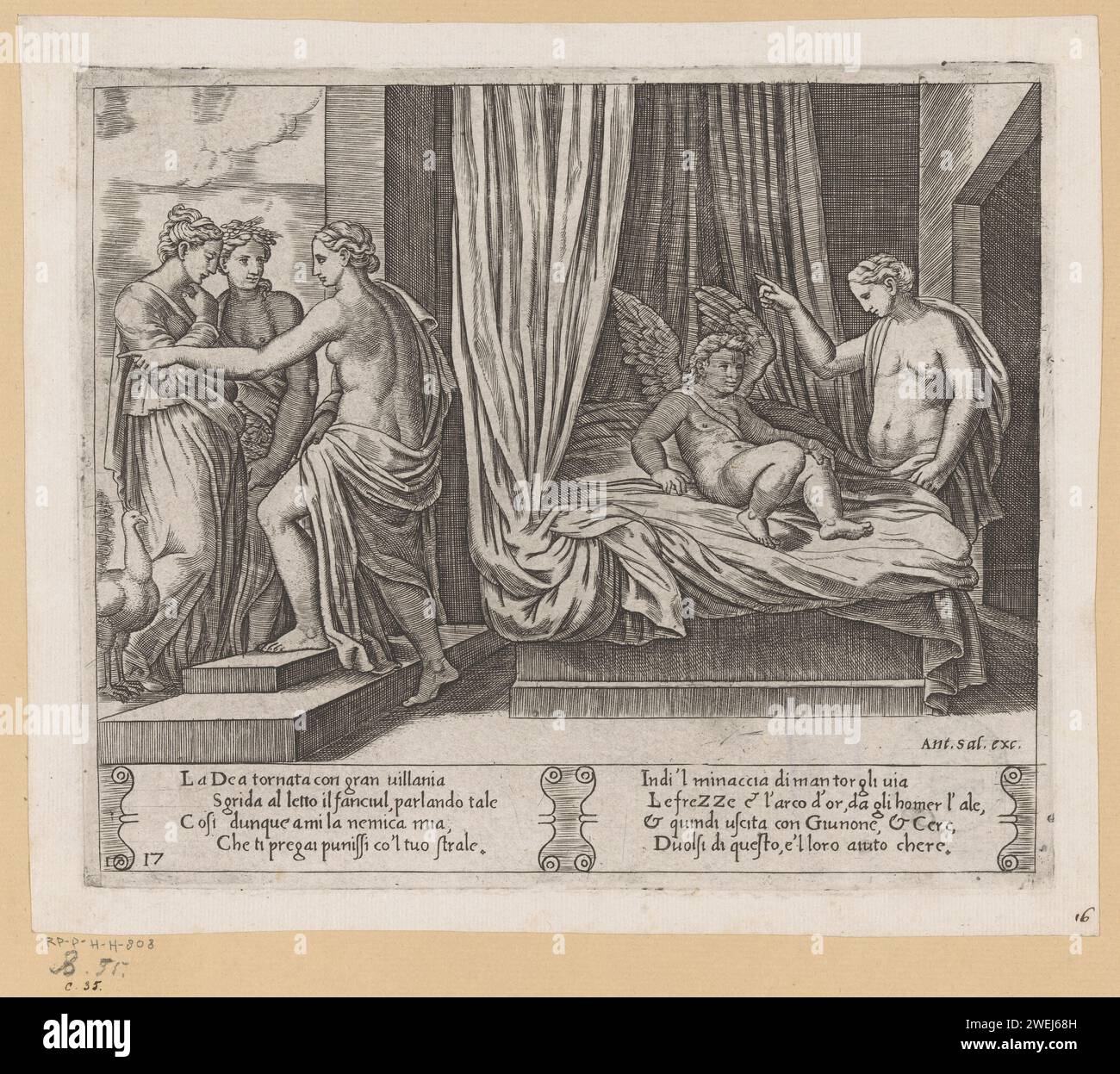 Venus punishes Amor, master of the dice, after Michiel Coxie (i), c. 1530 - c. 1560 print Venus punishes her son Amor because of his love for the King's daughter Psyche. On the left is Psyche together with the goddesses Juno and Ceres. Italian text in two cartouches in STUDMARGE. Twice numbered bottom left: 17.  paper engraving other scenes from the story of Cupid and Psyche. Psyche with Ceres. Psyche with Juno. Venus punishing Cupid Stock Photo