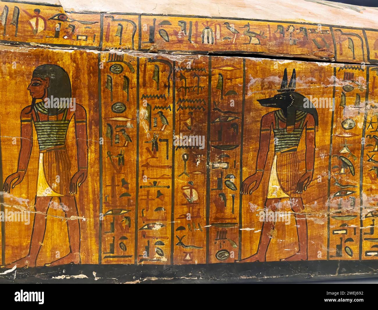 Egyptian hieroglyphs on the side of a Sarcophagus on display at the Egyptian Museum, Nile River, Cairo, Egypt. Stock Photo