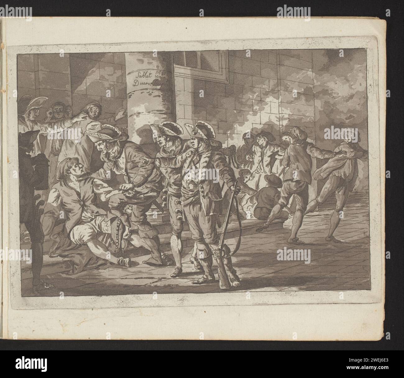 Man on the street is arrested by soldiers, Louis Ducros, after Jacques Sablet (II), 1758 - 1810 print Print is part of an album.  paper etching Europeans (with NAME). arrest  military service. flight, running away; pursuing Stock Photo
