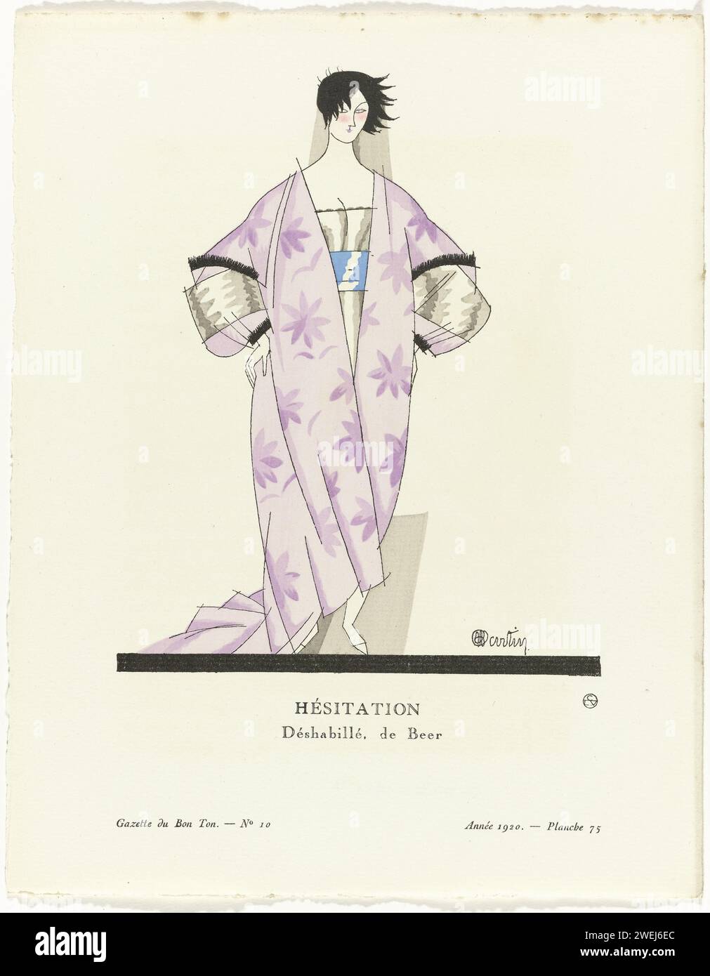 Gazette du Bon Ton, 1920 - No. 10, pl. 75: hesitation / stripped, de Beer, Charles Martin, 1920  Standing woman dressed in 'Teagown' van Beer, with a belt of ribbon around the means. Planche 75 from Gazette du Bon Ton 1920, No. 10. Explanation about the clothing on page 'Explication des planches'.  paper letterpress printing fashion plates. dress, gown (TEA-GOWN) (+ women's clothes). lace (+ women's clothes). belt, girdle, waistband (+ women's clothes) Stock Photo