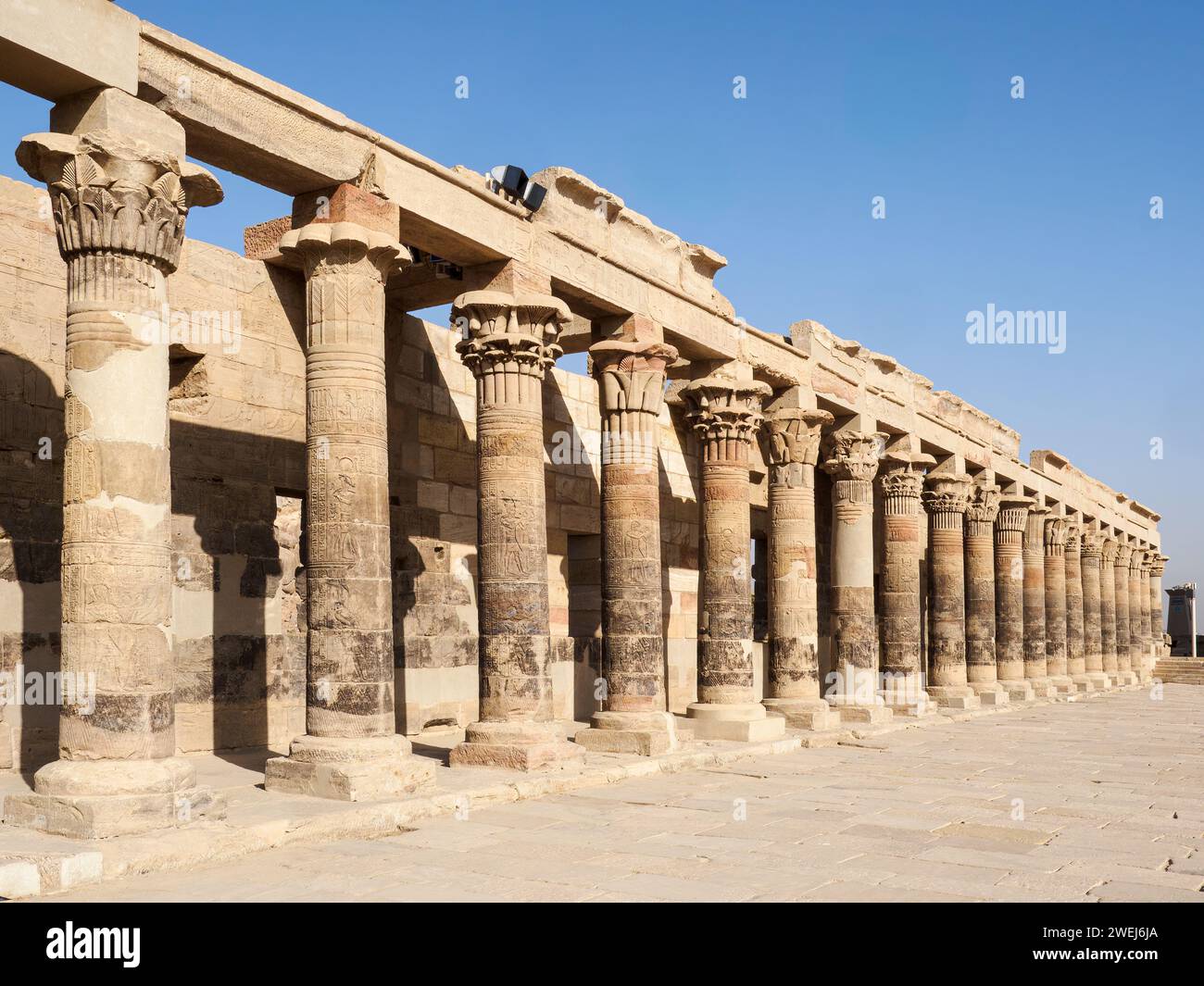 Columns at the Philae temple complex, The Temple of Isis, currently on the island of Agilkia, Egypt. Stock Photo