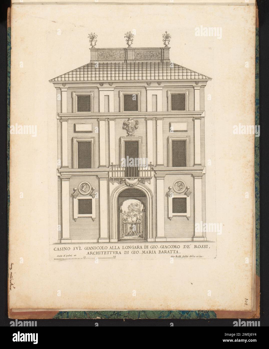 Façade Van Het Casino Te Gianicolo in Lungara, Giovanni Battista Fonda, After Giovanni Maria Baratta, in OR After 1655 print Print is part of an album.  paper etching palace. façade (of house or building). casino Janiculum Stock Photo