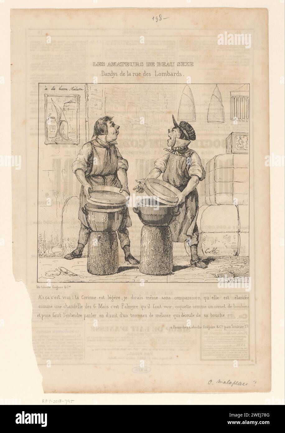 Dandy Van de Rue des Lombards, Anonymous, After Célestin François Nanteuil, c. 1830 - C. 1870 print Cartoon with two craftsmen talking about women on the street. With three -faced French caption. Printed on a leaf on Verso with text.  paper  political caricatures and satires. dandy, beau Stock Photo