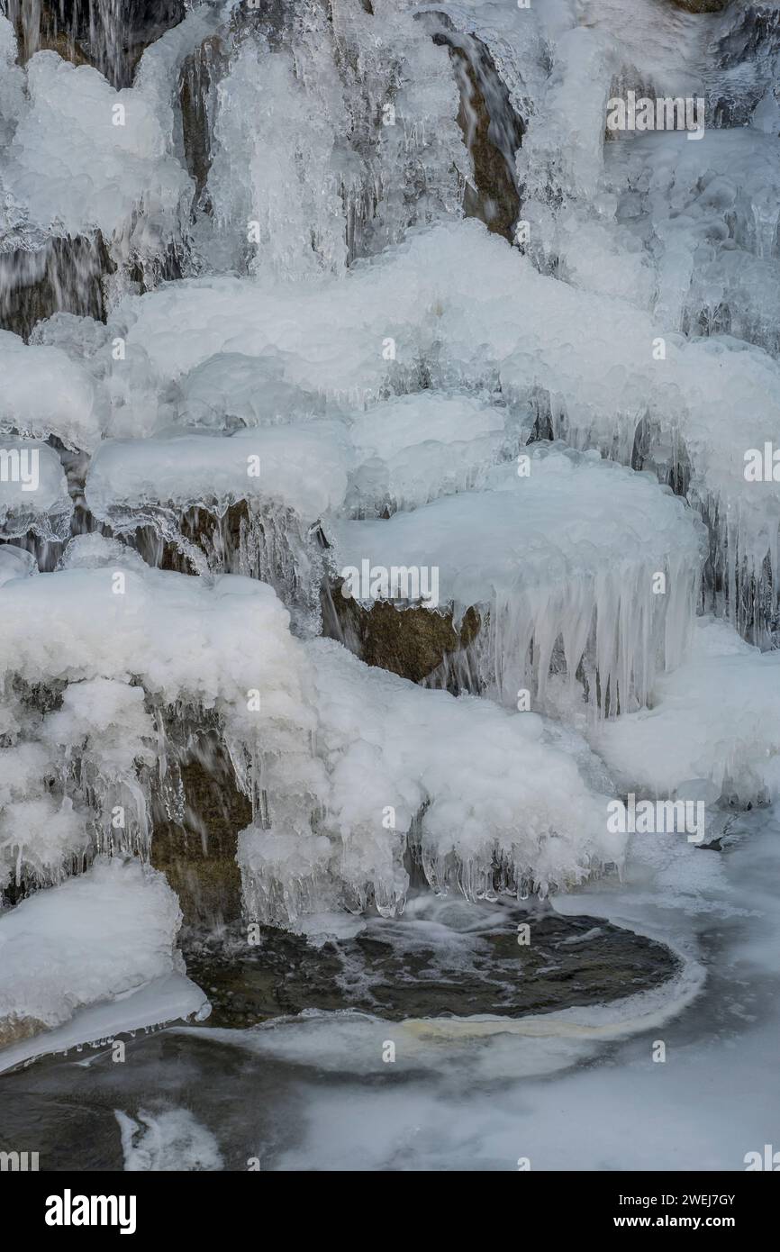 A frozen water feature in winter in the garden of the Shumway