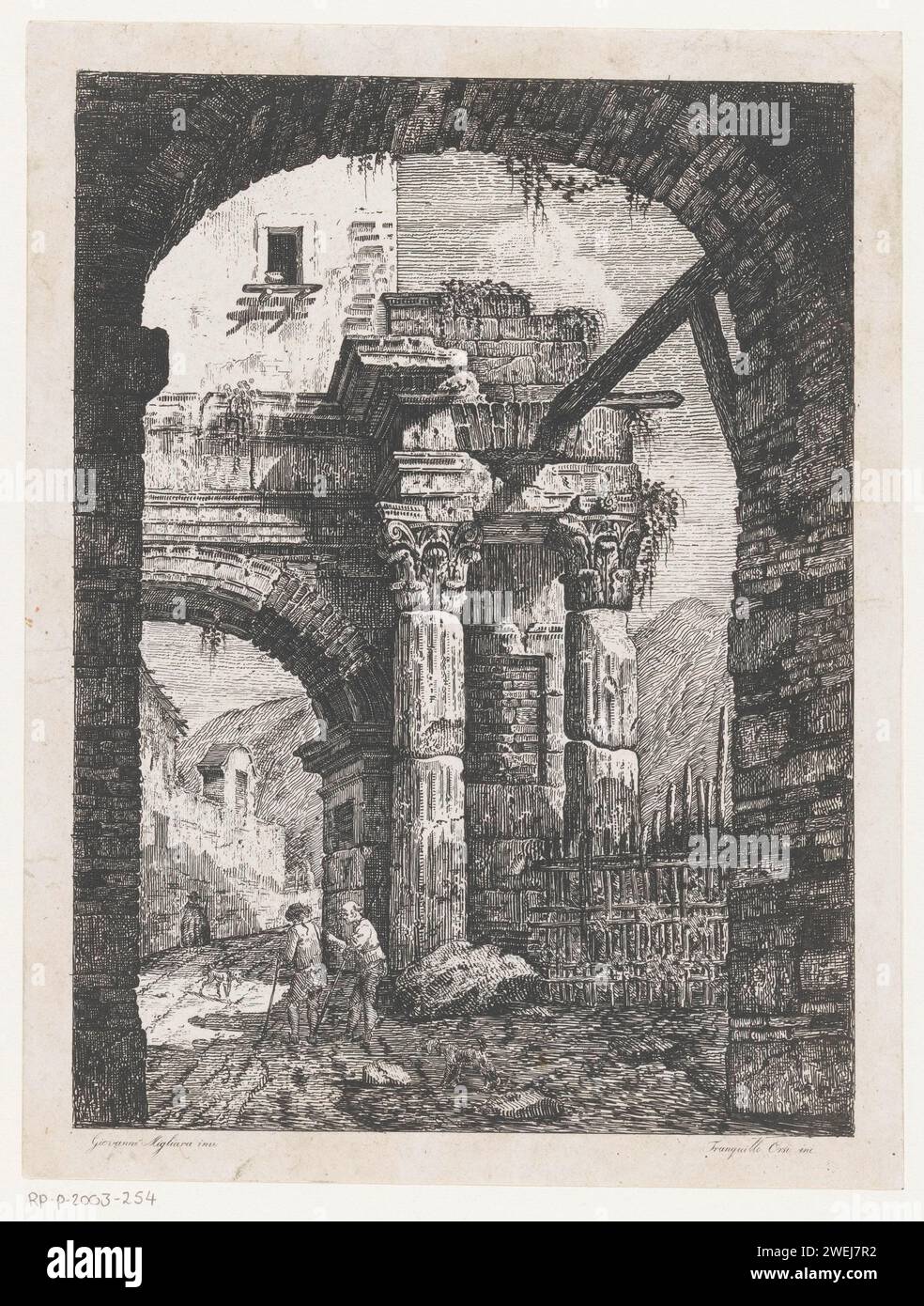Antique ruins and walkers on a path, Tranquillo Orsi, after Giovanni Migliara, 1795 - c. 1845 print Ruin of an antique gate with Corinthian columns. On the path that runs under the gate, two hikers with two dogs. A mountainous landscape in the background. The whole is framed by a second port in the foreground.  paper etching landscape with ruins. 'en route', traveller under way. Corinthian order  architecture Stock Photo