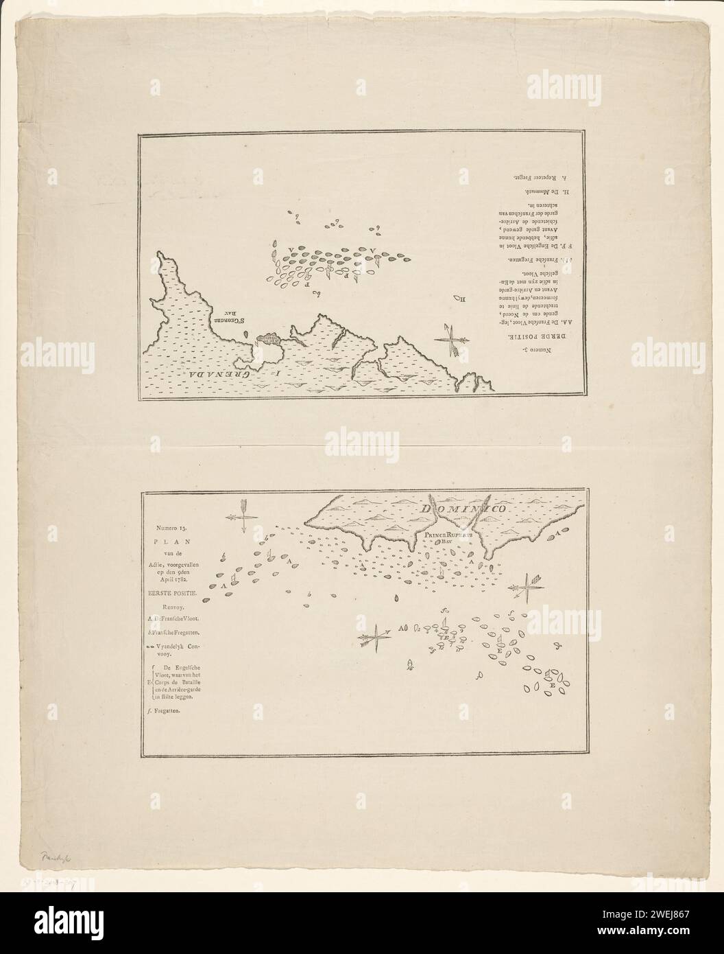 Two cards from the Battle of the îles des Saintes, 1782, Anonymous, 1792 - 1825 print Leaf with two cards from the sea battle at the Îles des Saintes on April 9, 1782, between the French and the English fleet. The Battle is part of the American War of freedom. One card referred to as 'Numero 13' shows the positions of the fleets for the island of Dominica. The other map referred to as 'Numero 3' shows the fleets at Grenada.  paper letterpress printing maps of separate countries or regions. battle arrays (+ sailing-ships) Dominica Stock Photo